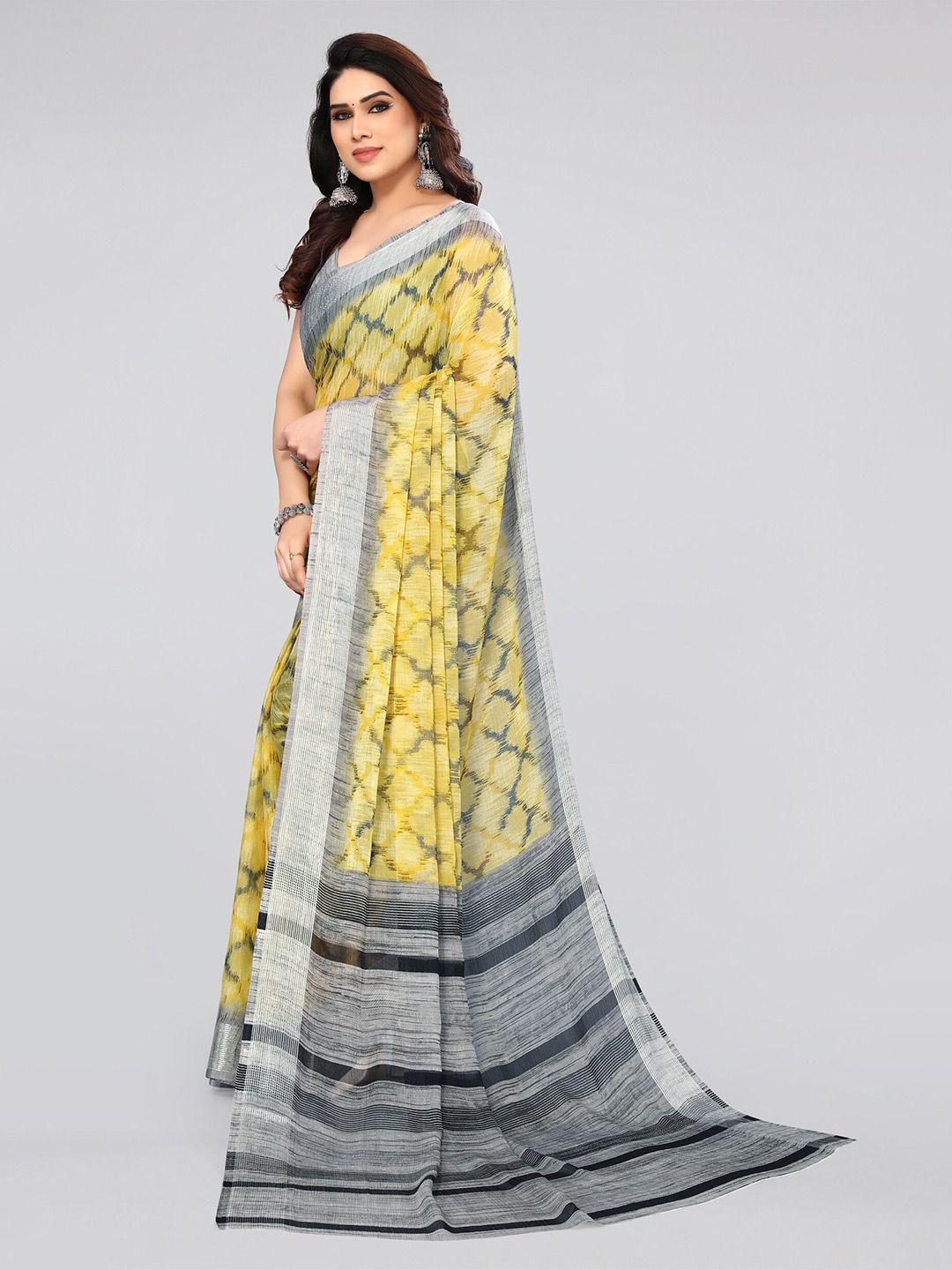 mirchi fashion yellow & silver-toned ikat printed saree
