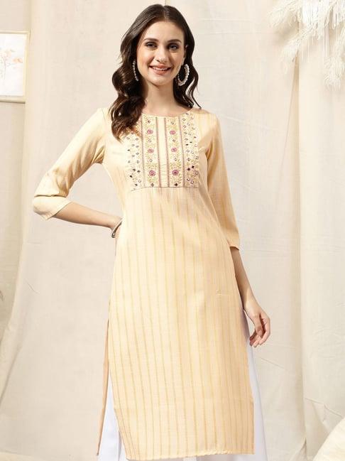mirchi fashion yellow cotton embroidered straight kurta