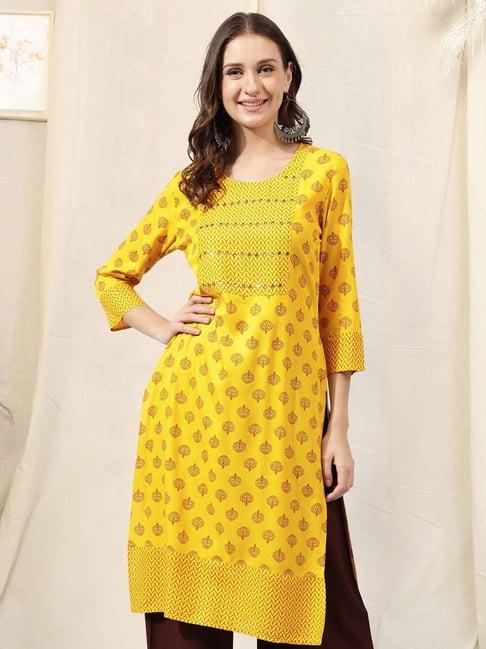 mirchi fashion yellow embroidered straight kurta