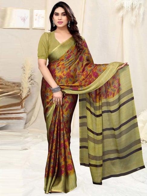 mirchi fashion yellow floral print saree with unstitched blouse