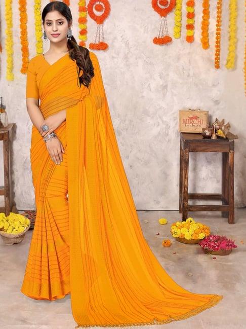 mirchi fashion yellow striped saree with unstitched blouse