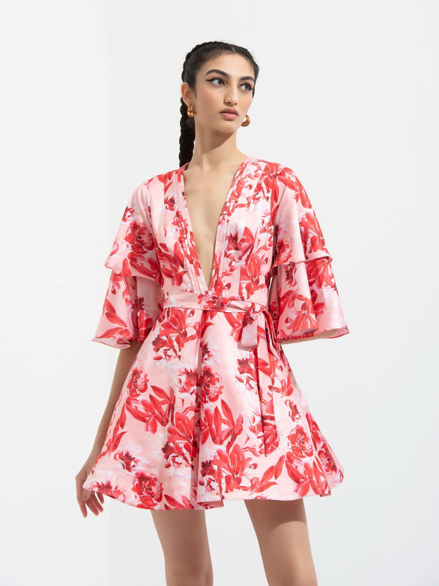 mirrai printed a-line dress red