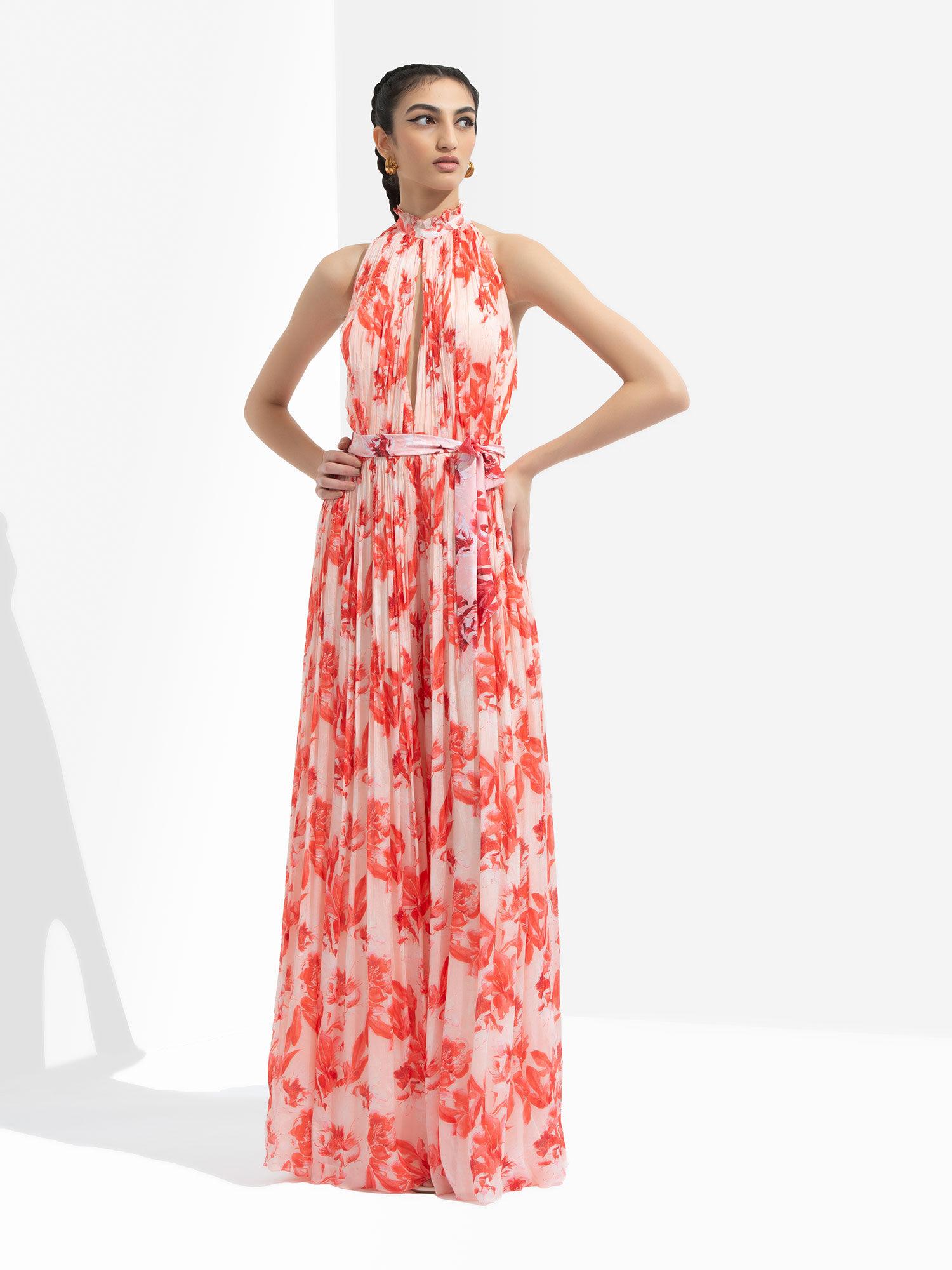 mirrai printed low neckline jumpsuit peach