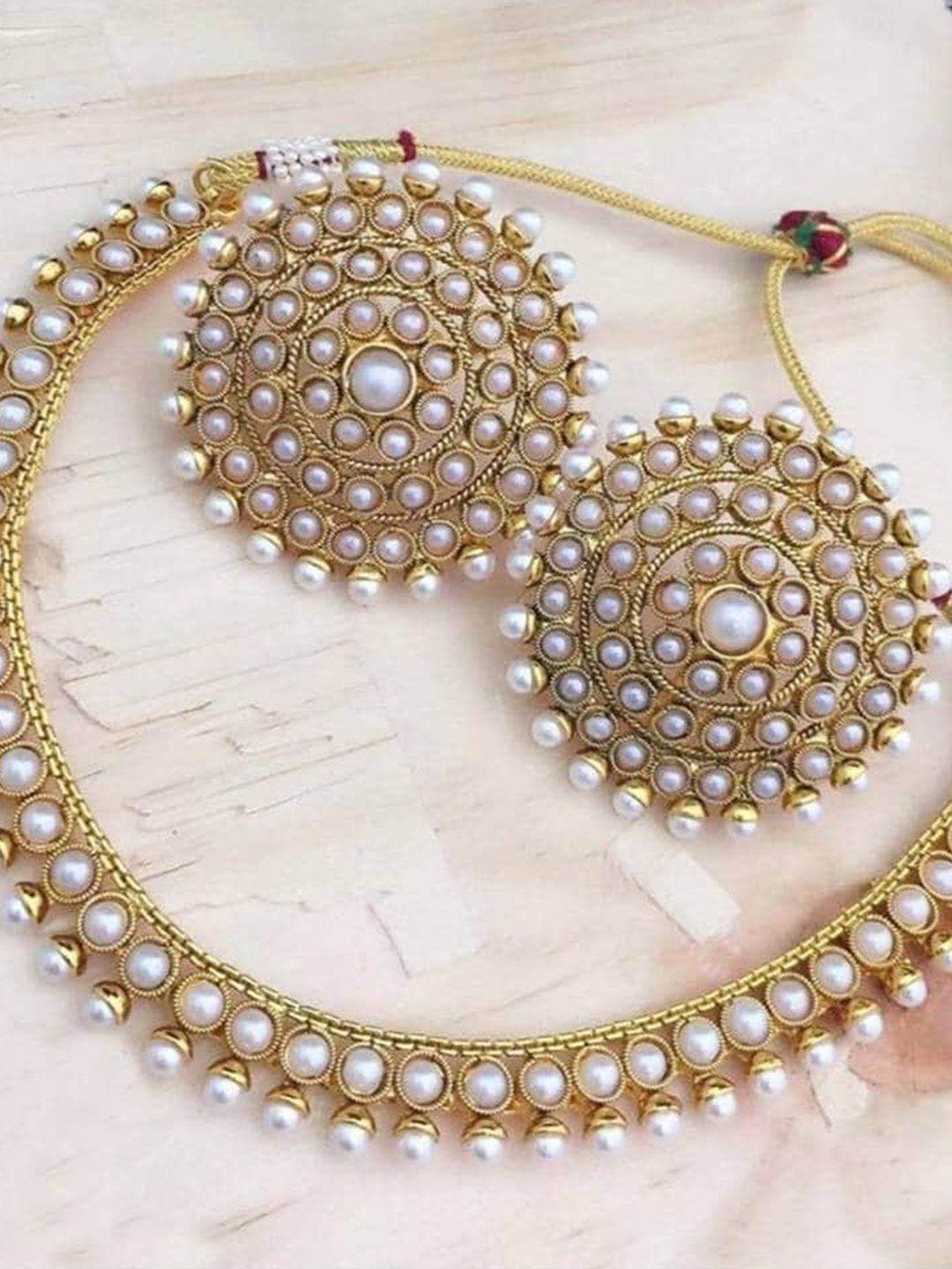 mirraw gold plated white stone studded choker necklace jewellery set with earrings