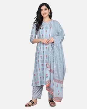 mirraw printed a-line kurta set with dupatta