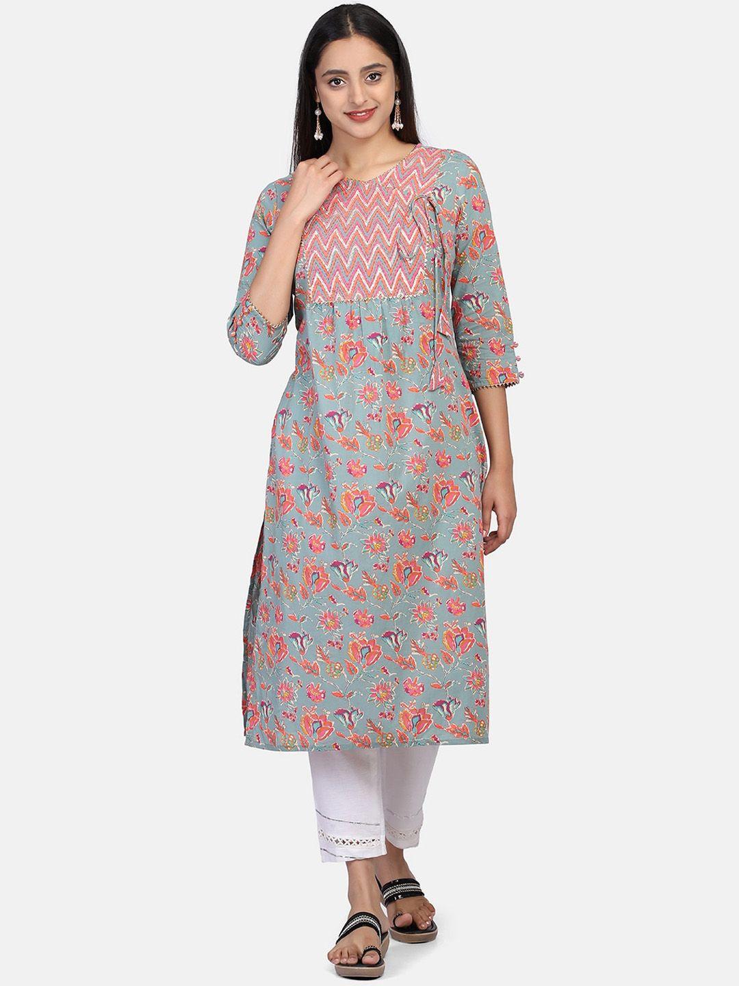 mirraw women green and coral ethnic motifs printed angrakha kurta