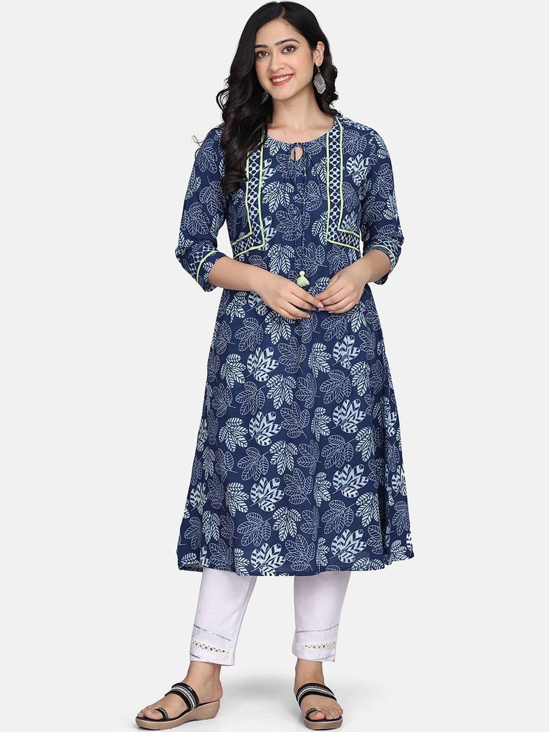 mirraw women navy blue and green ethnic motifs handblock printed kurta