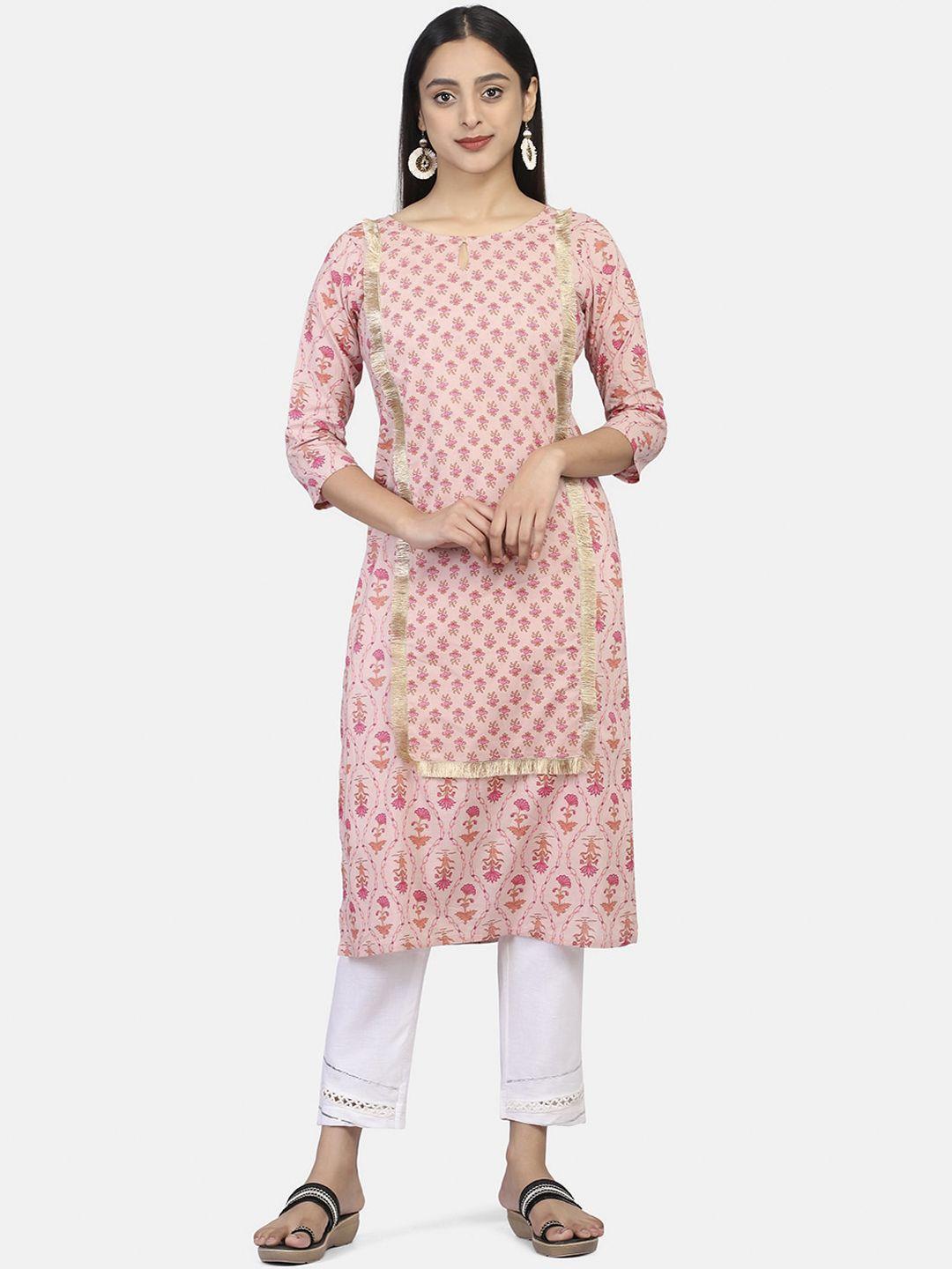 mirraw women pink ethnic motifs printed keyhole neck kurta with lace details
