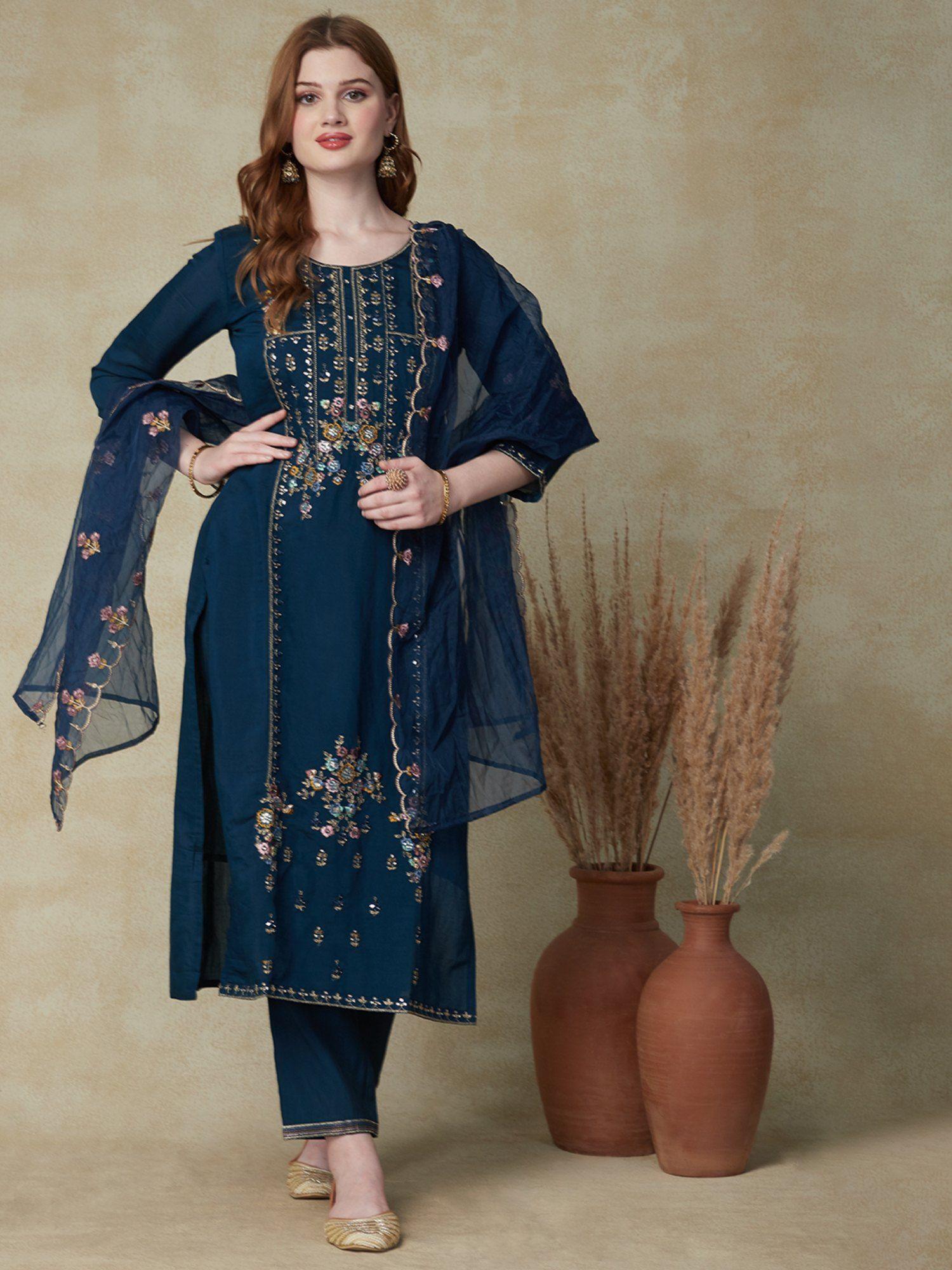 mirror, zari kurta with pants & dupatta - teal (set of 3)