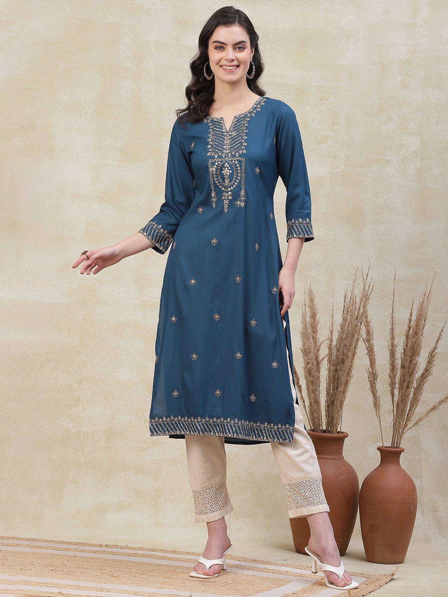 mirror & sequins embroidered kurta - teal