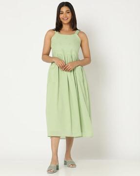 mirror embroidered fit & flare dress with patch pockets