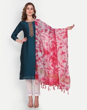 mirror-embroidered straight kurta set with dupatta