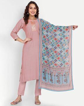 mirror-embroidered straight kurta set with dupatta