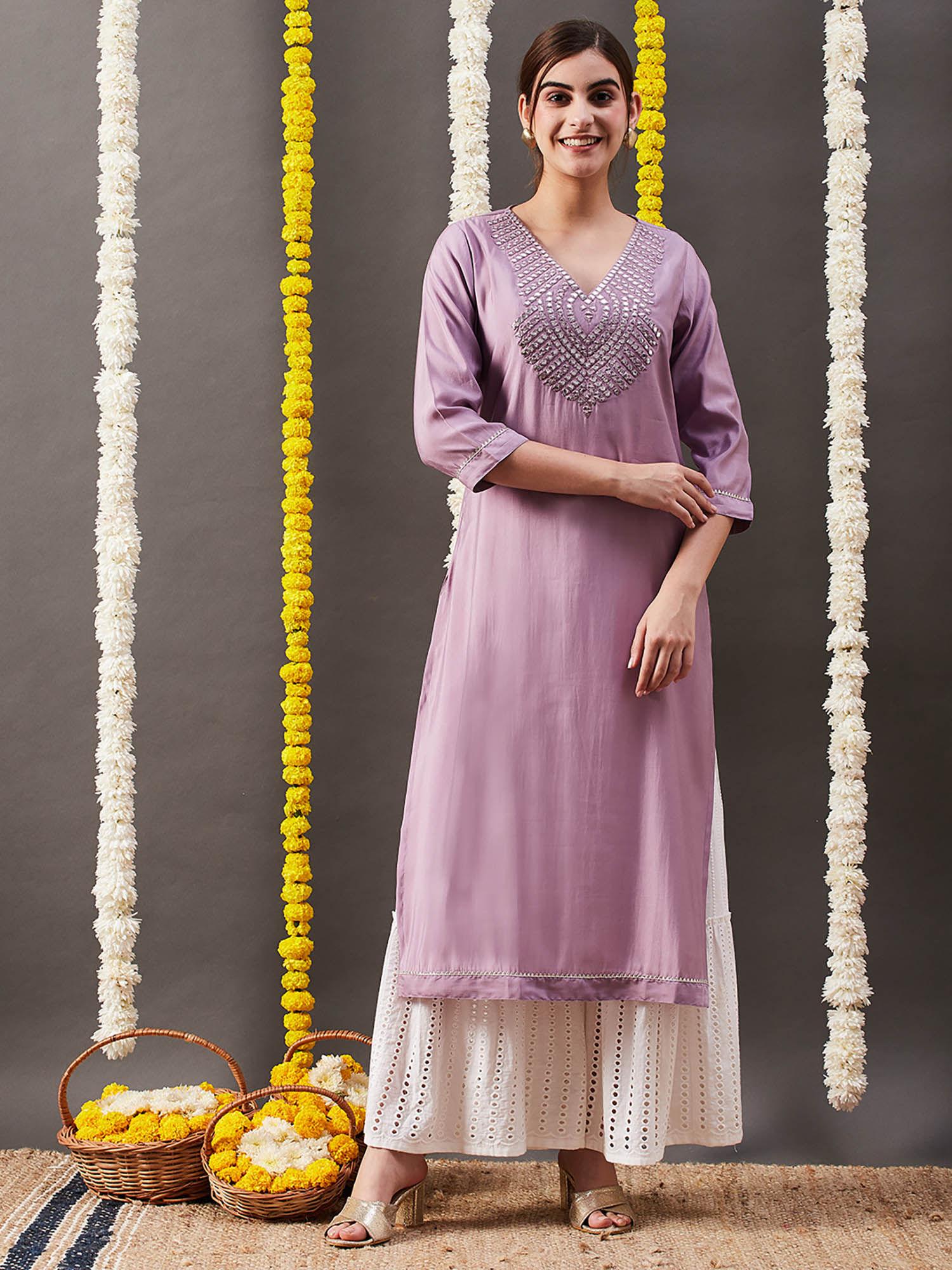 mirror work embroidered kurta - lavender