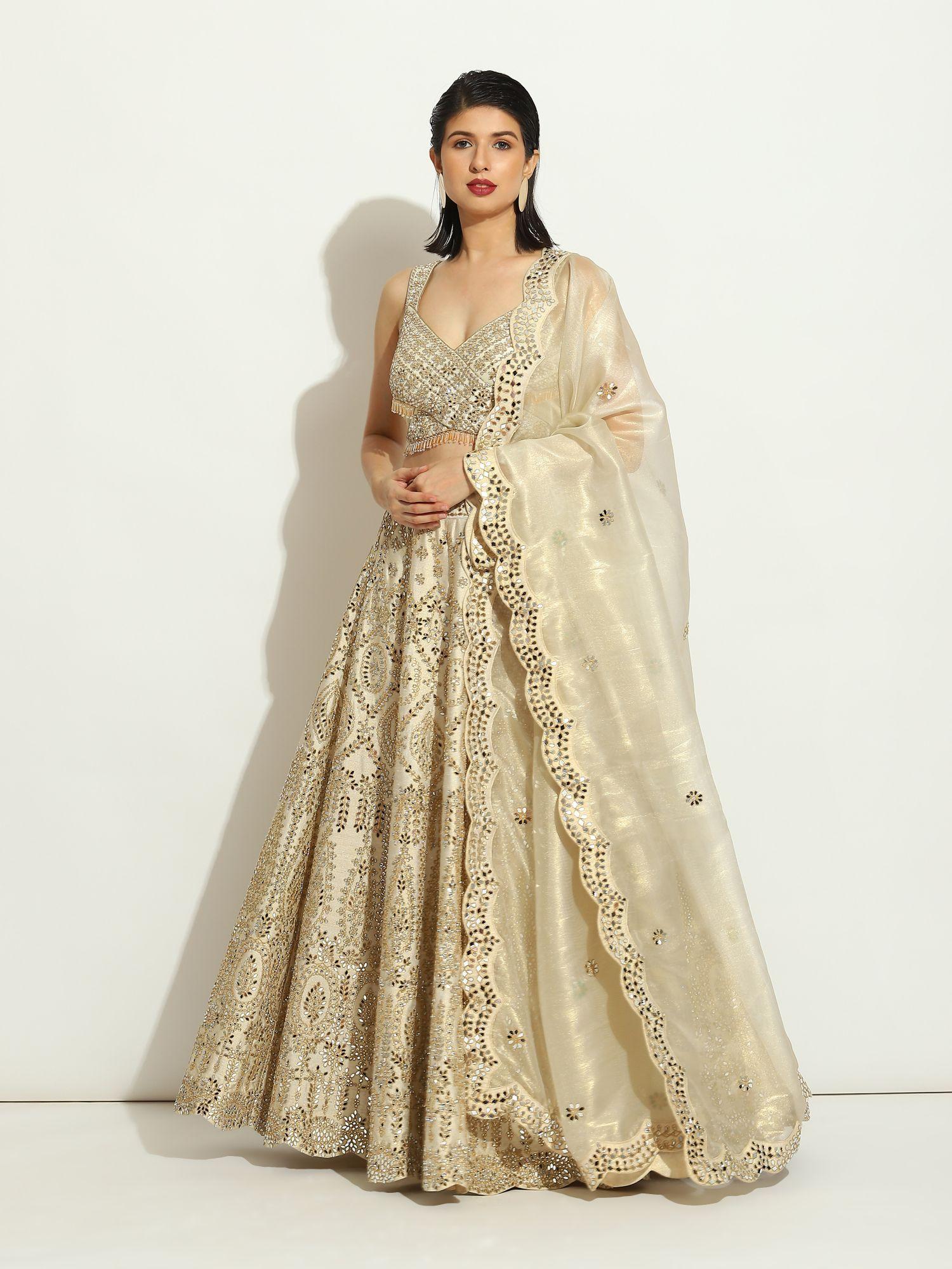 mirror work lehenga with a scalloped dupatta in organza (set of 3)