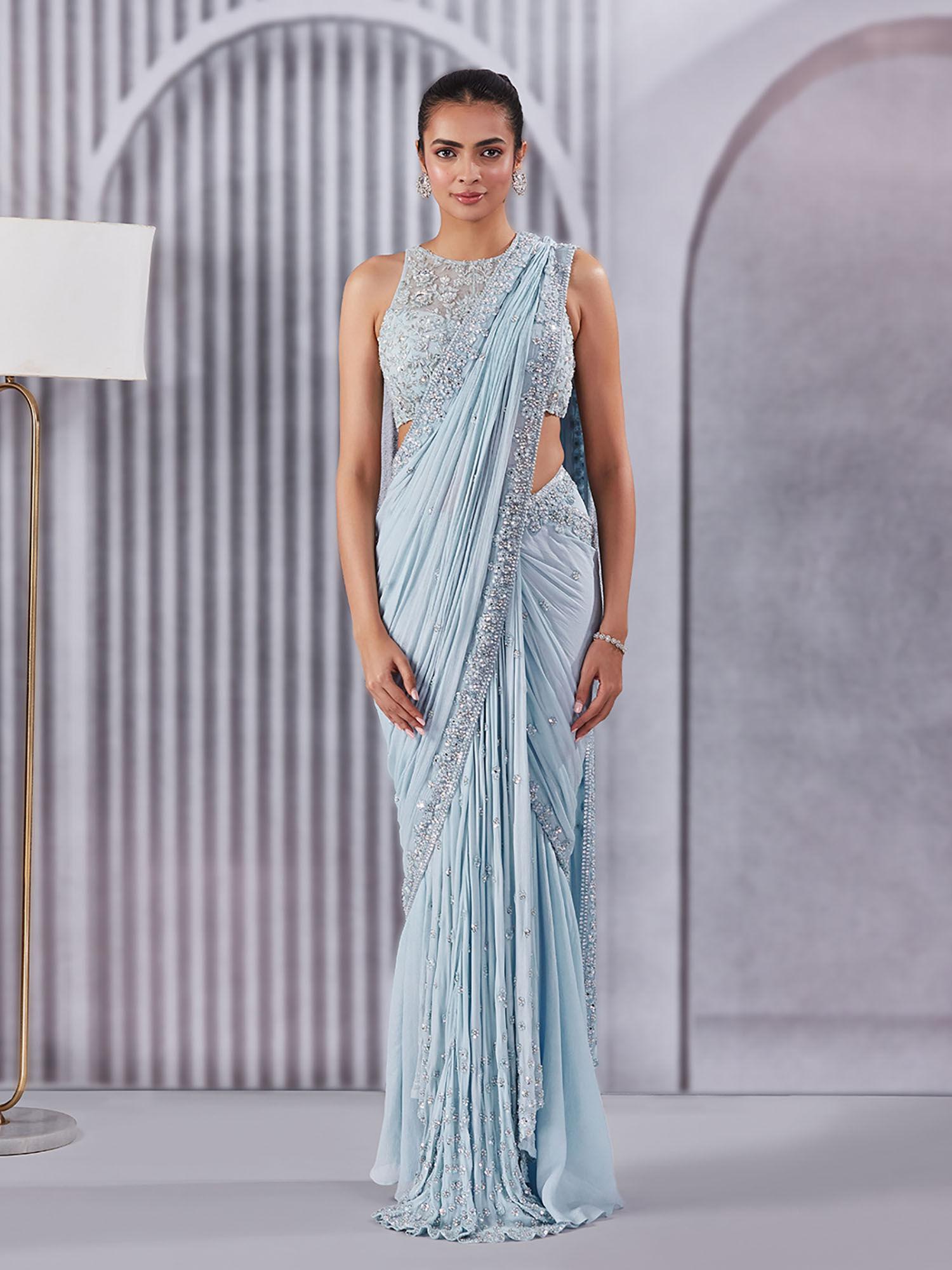 mirror work powder blue draped saree with blouse with stitched
