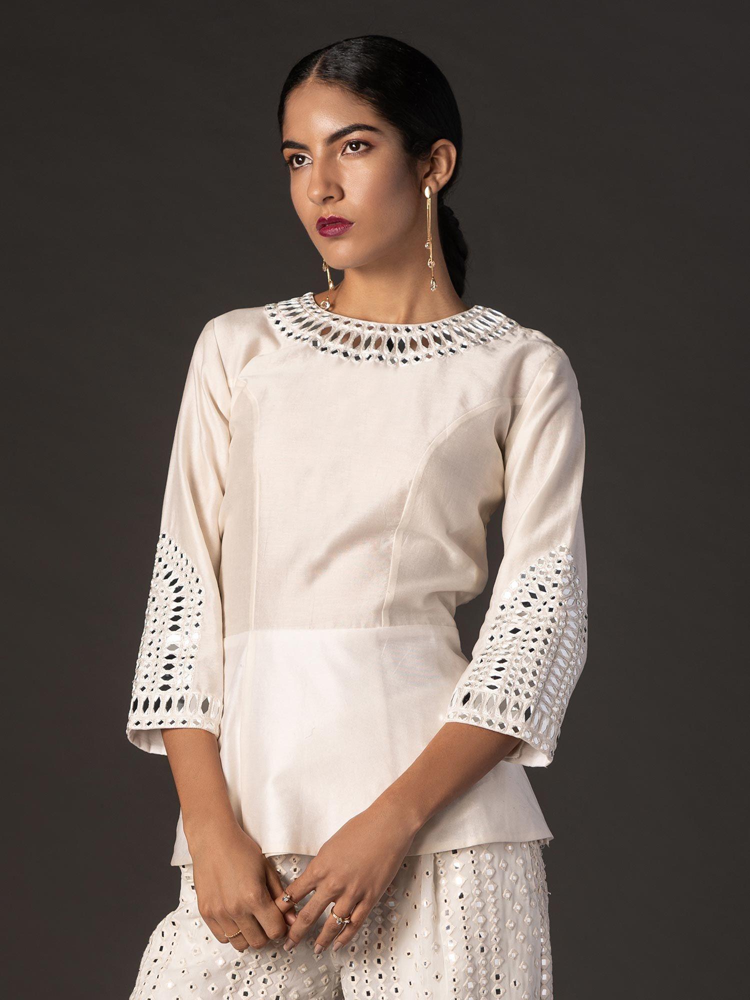 mirrorwork white peplum top