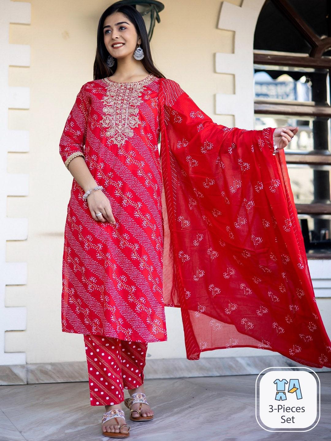 misbis bandhani printed thread work pure cotton kurta with trousers & dupatta