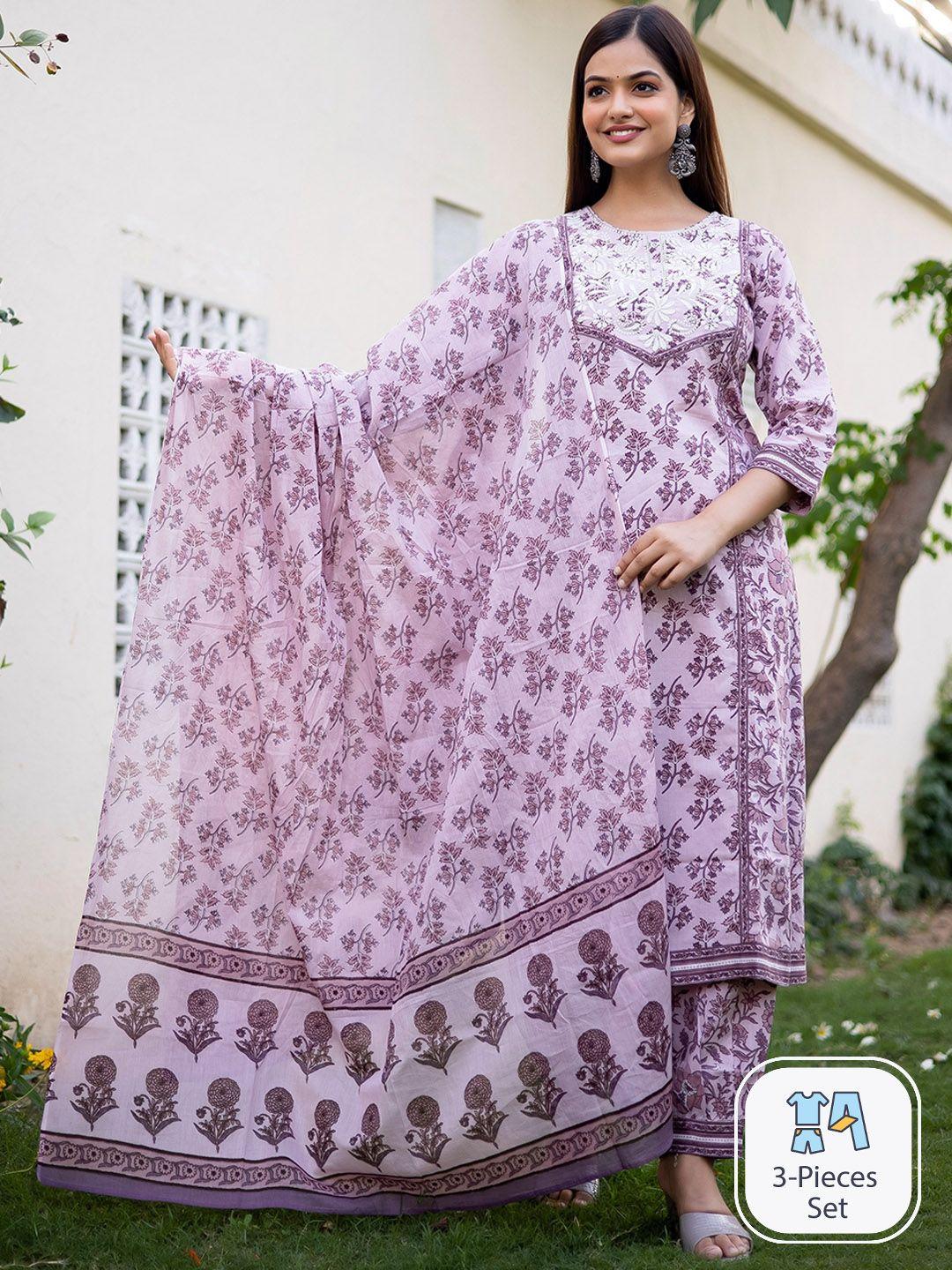 misbis ethnic motifs printed thread work pure cotton kurta with trousers & dupatta