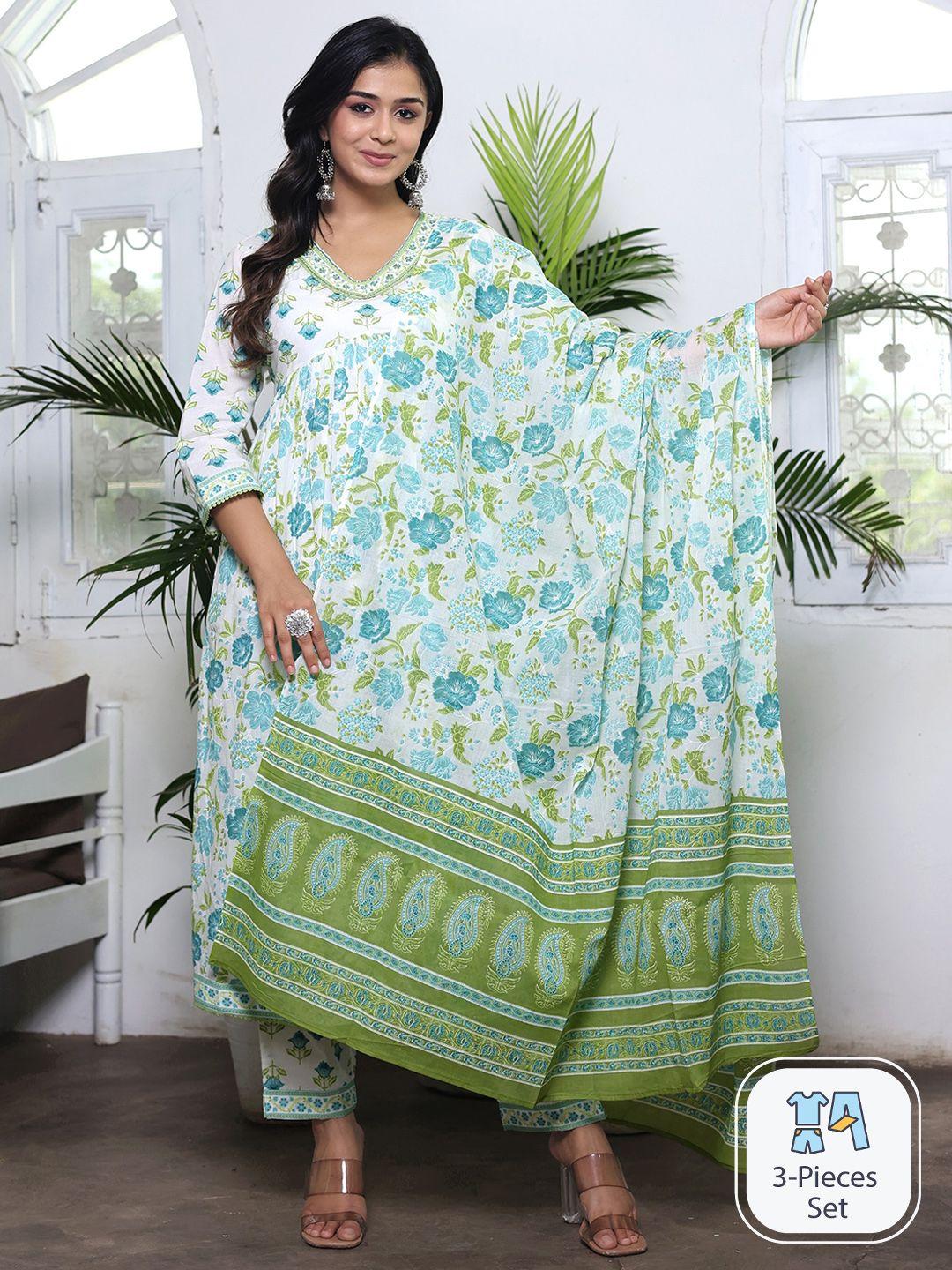 misbis floral printed empire pure cotton straight kurta & pyjamas with dupatta
