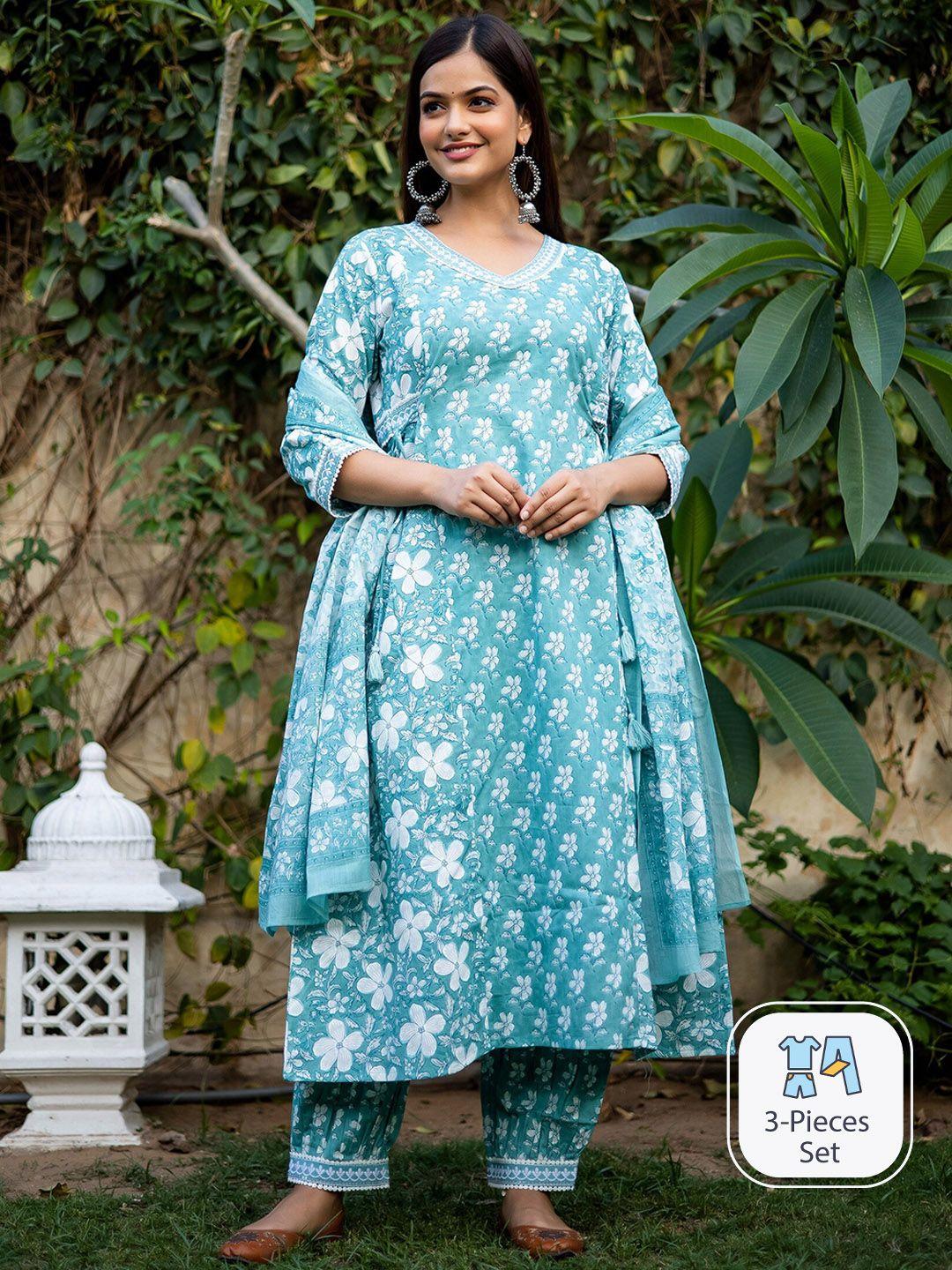 misbis floral printed pure cotton angrakha kurta with pyjamas & dupatta