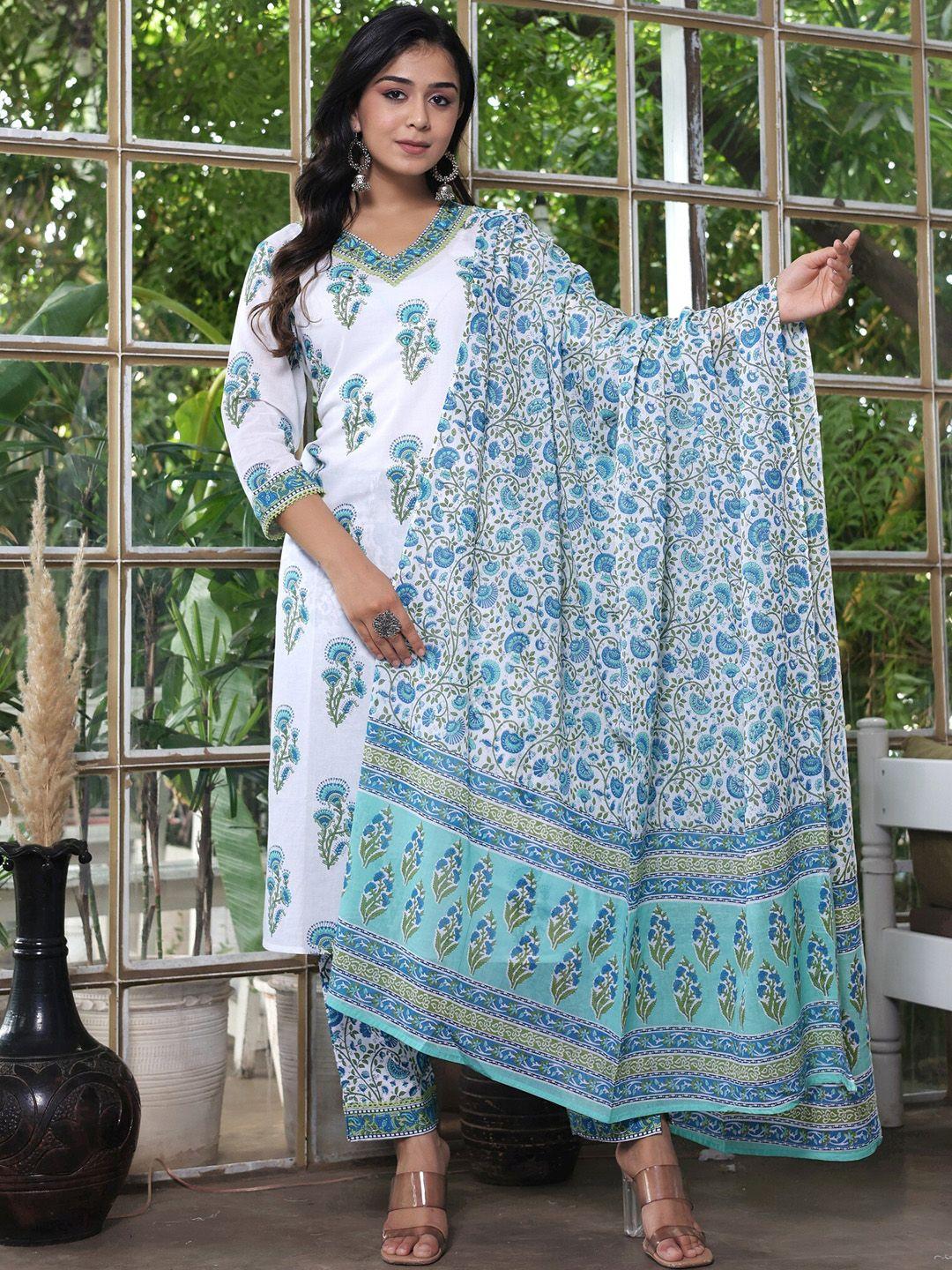 misbis floral printed regular pure cotton straight kurta & trousers with dupatta