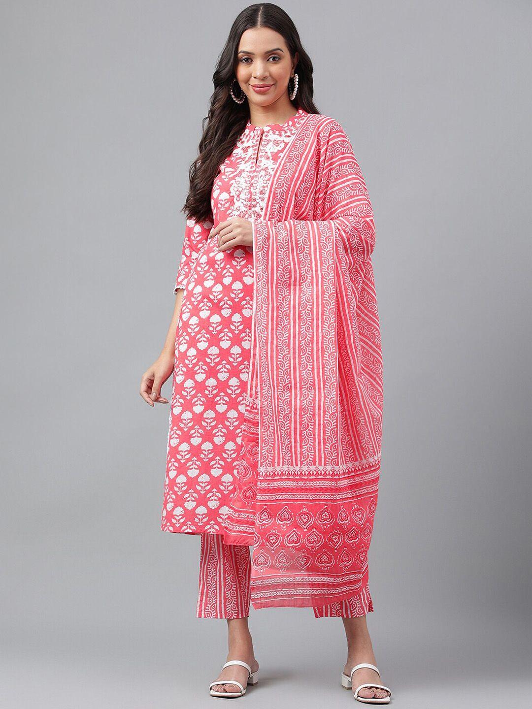 misbis floral printed thread work pure cotton kurta with trousers & with dupatta
