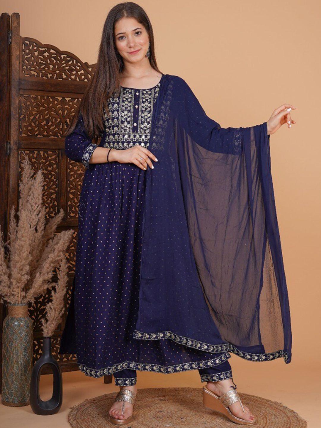misbis women blue ethnic motifs printed kurta with trousers & with dupatta