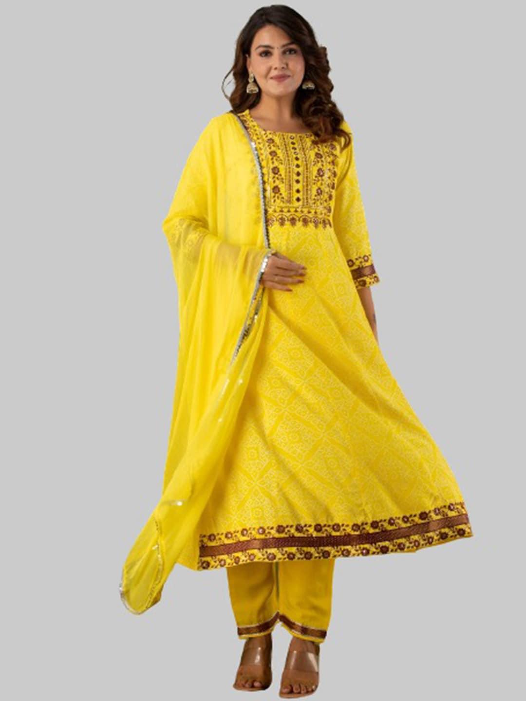 misbis women yellow embroidered kurta with palazzos & dupatta