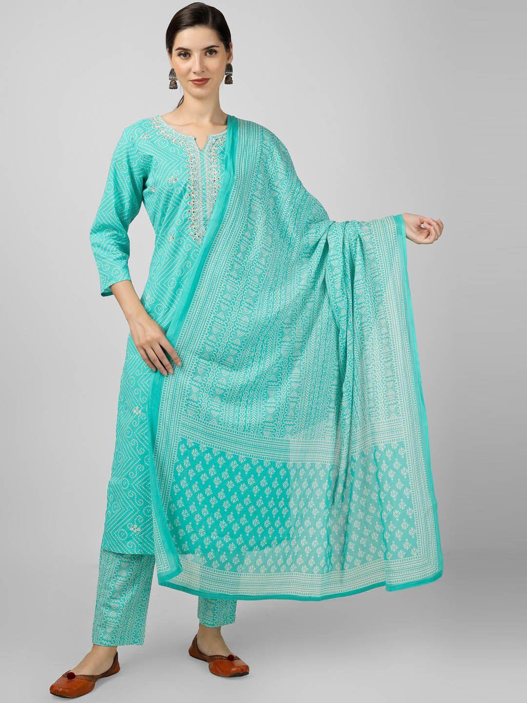 misbis bandhani printed thread work pure cotton straight kurta & trouser with dupatta