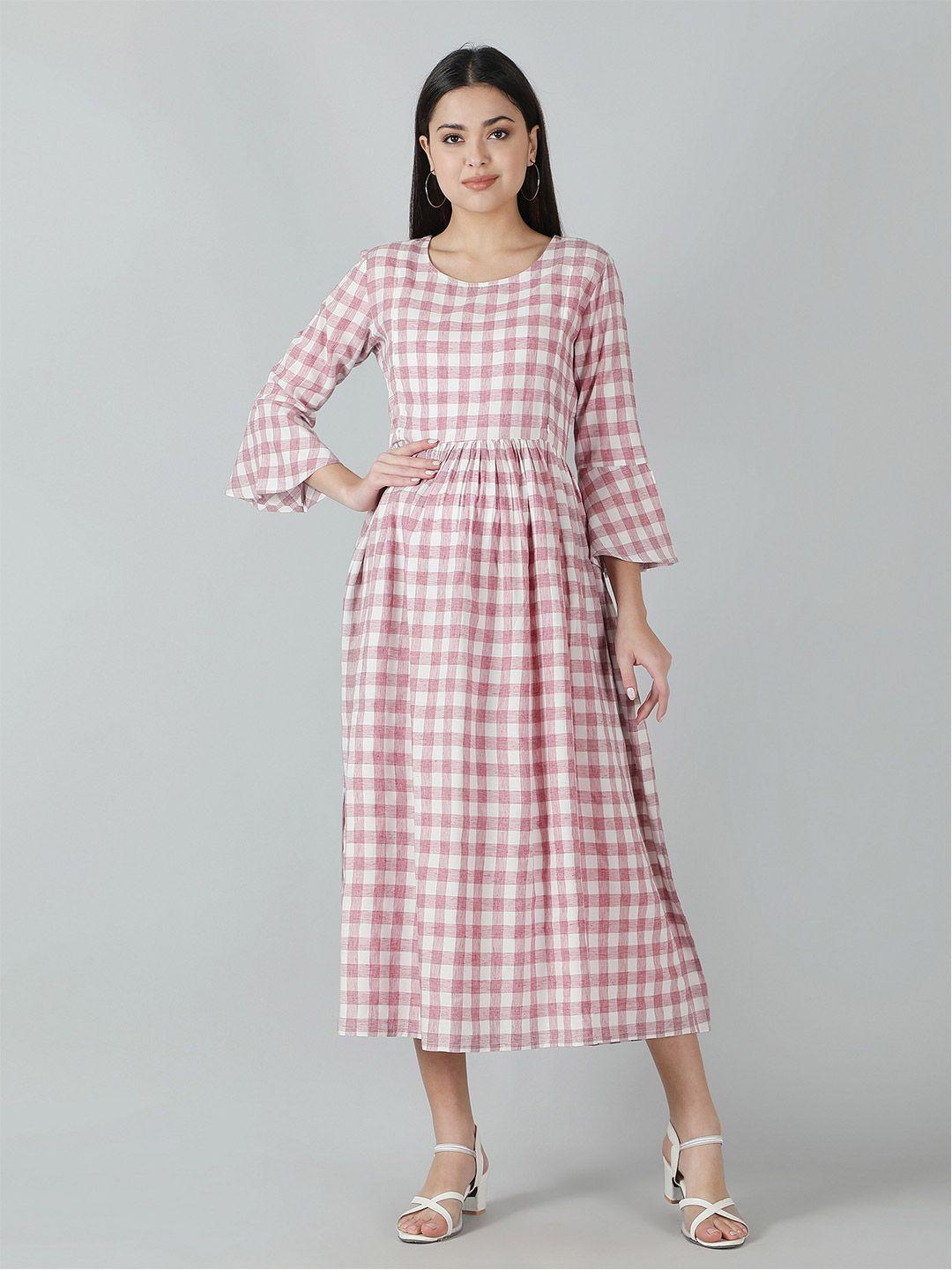 misbis bell sleeves checked maternity midi cotton dress