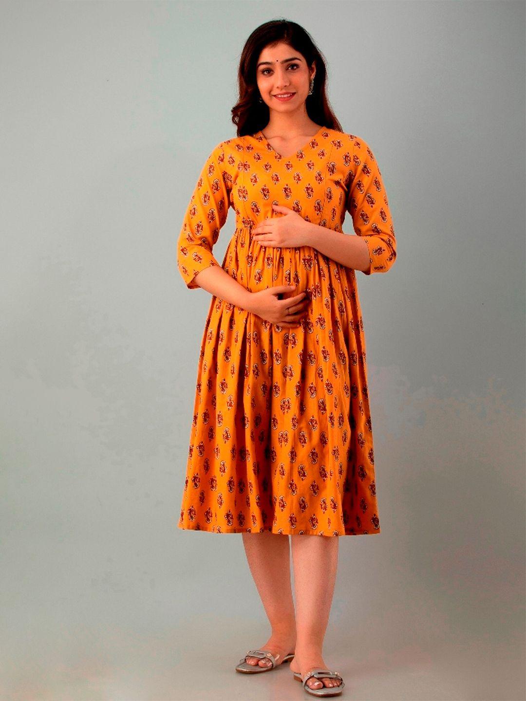 misbis ethnic motif printed maternity fit & flare midi ethnic dress