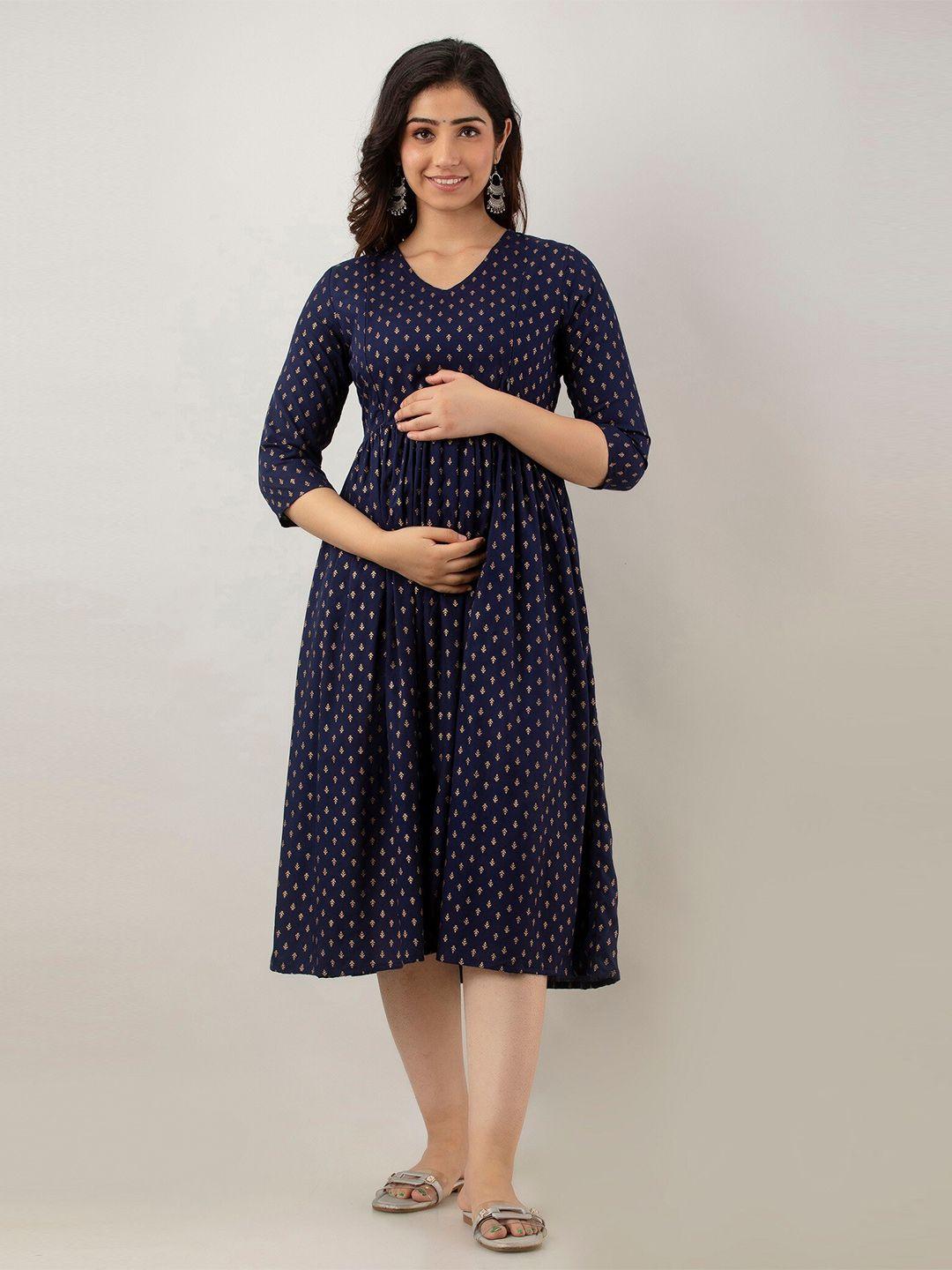 misbis ethnic motif printed maternity fit & flare midi ethnic dress