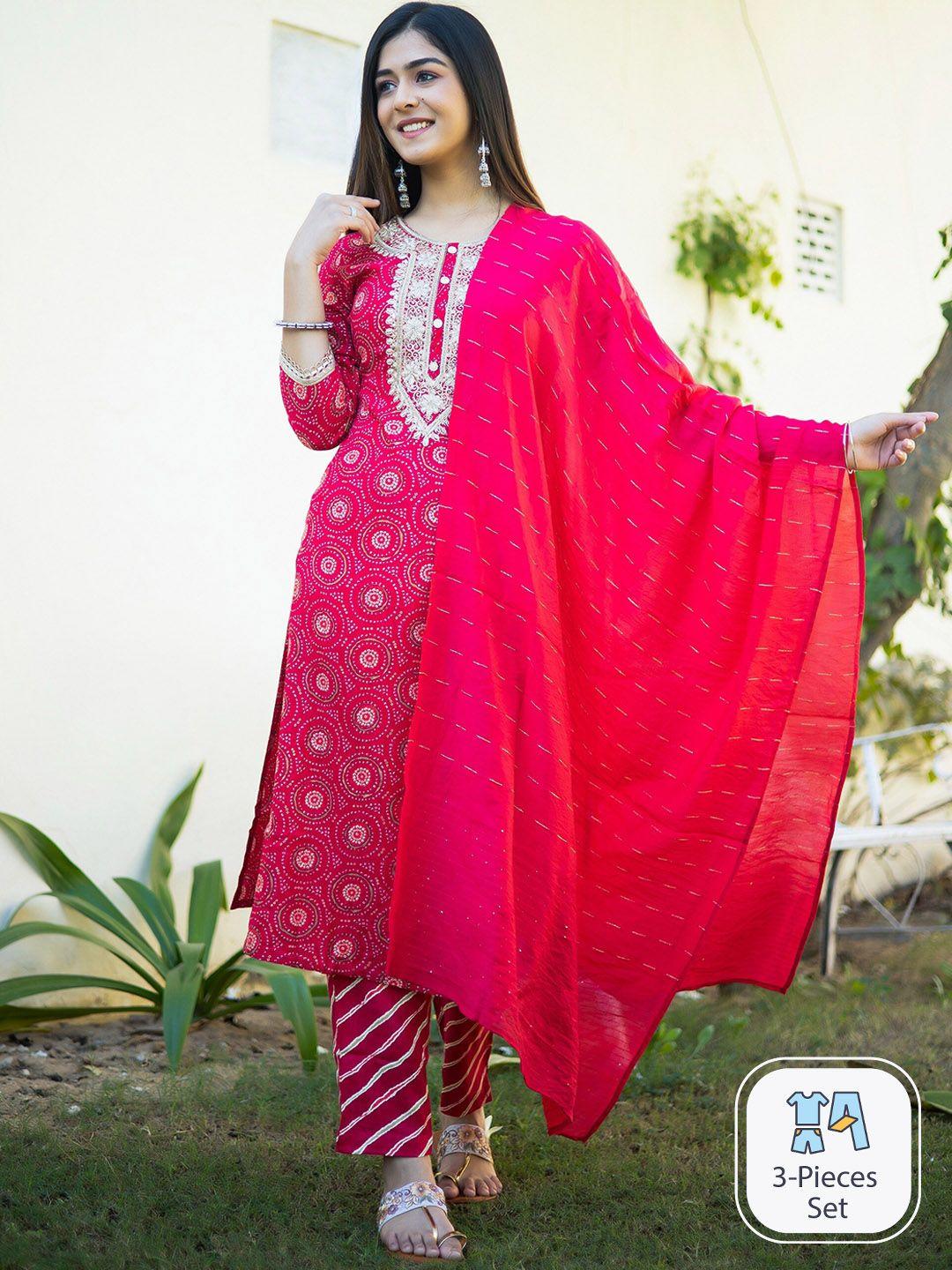 misbis ethnic motif printed regular thread work straight kurta & trousers with dupatta