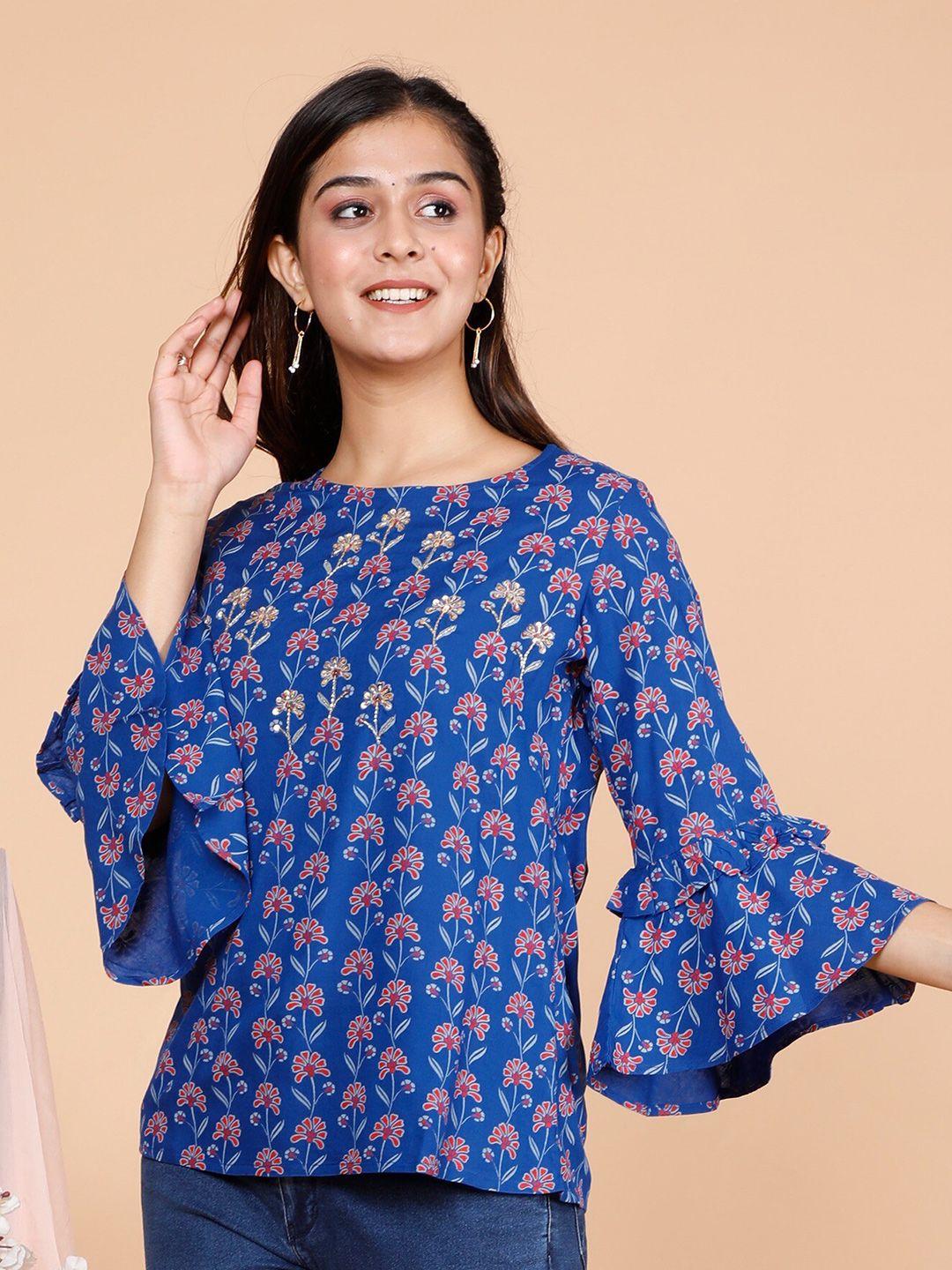 misbis ethnic motif printed ruffled bell sleeves regular top