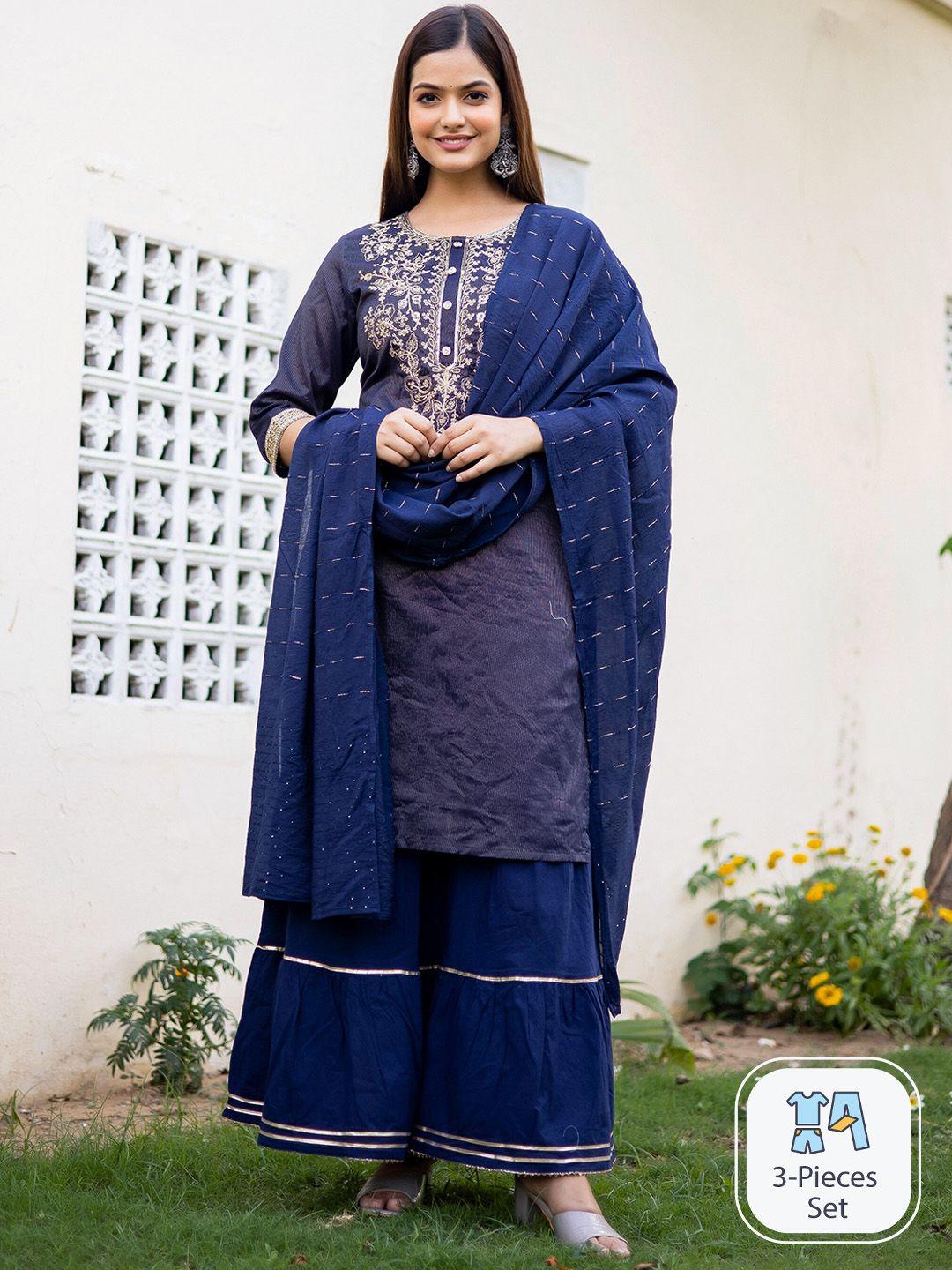 misbis ethnic motifs embroidere pure cotton kurti with sharara & dupatta