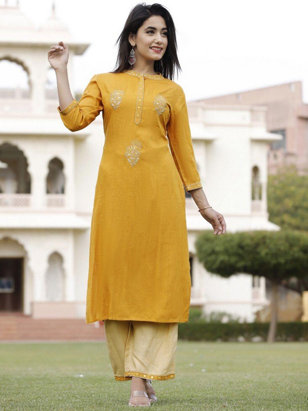 misbis ethnic motifs embroidered mandarin collar straight kurta with palazzos