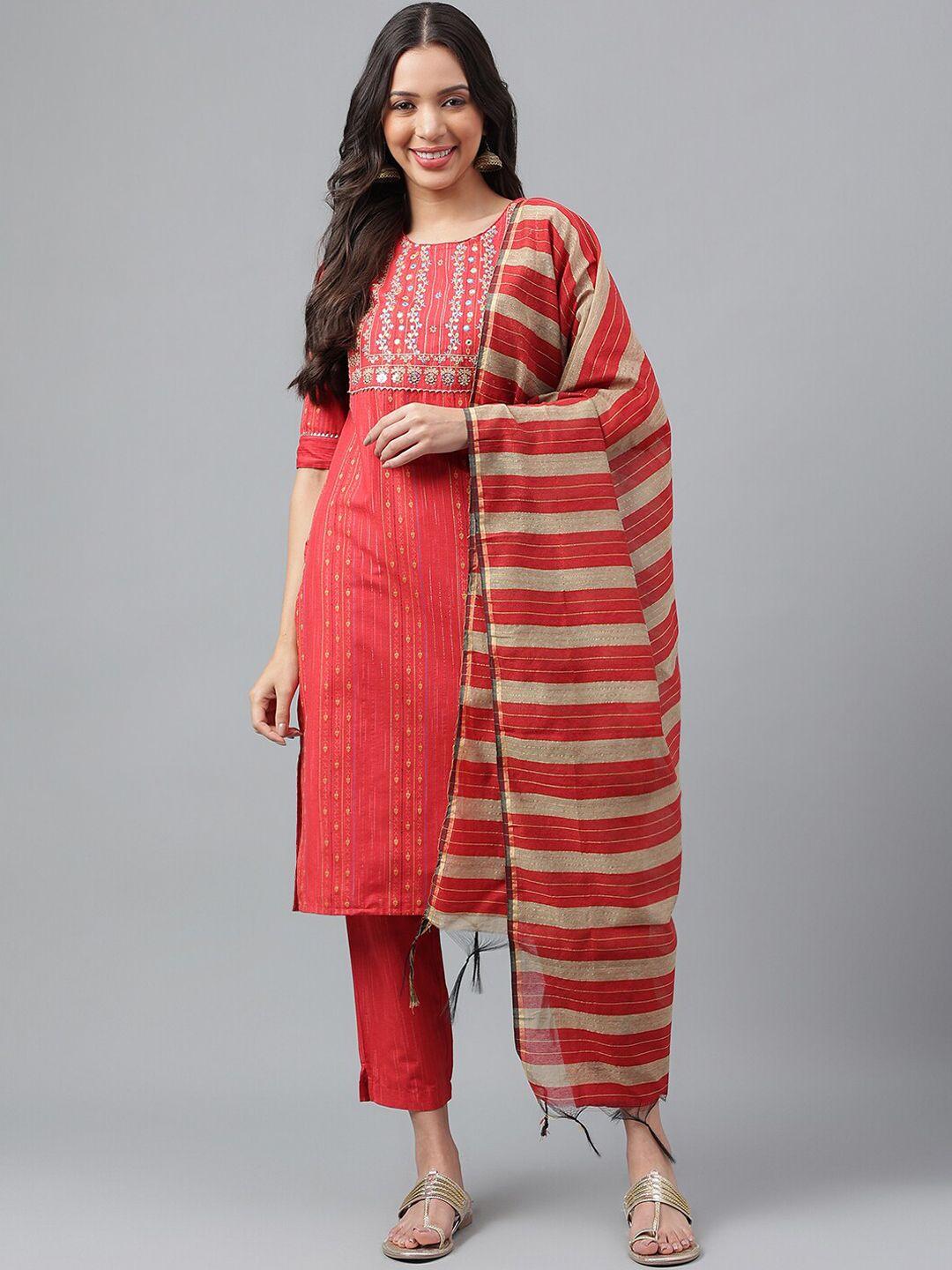 misbis ethnic motifs embroidered pure cotton kurta with trousers & with dupatta