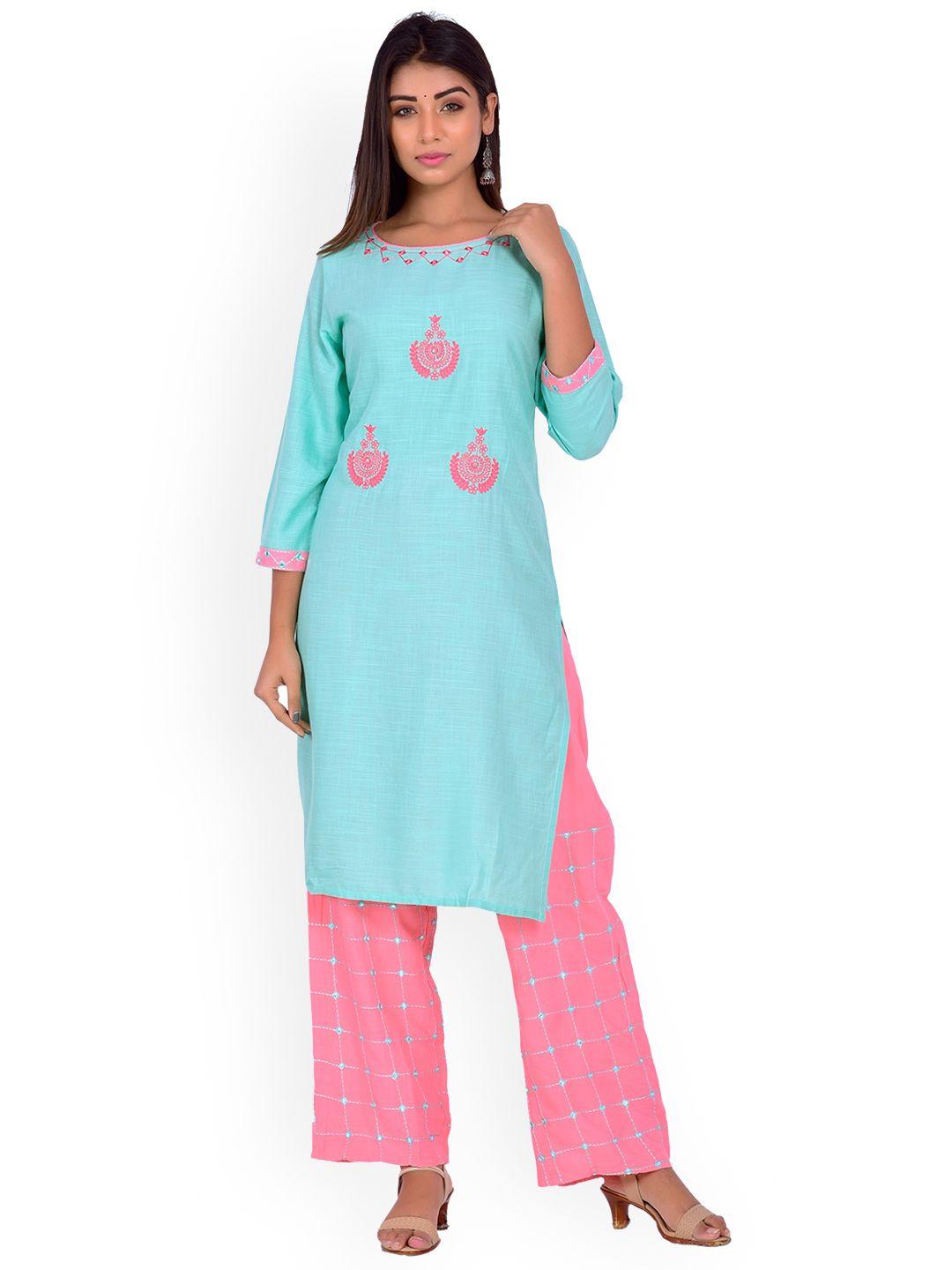 misbis ethnic motifs embroidered round neck straight kurta with palazzos