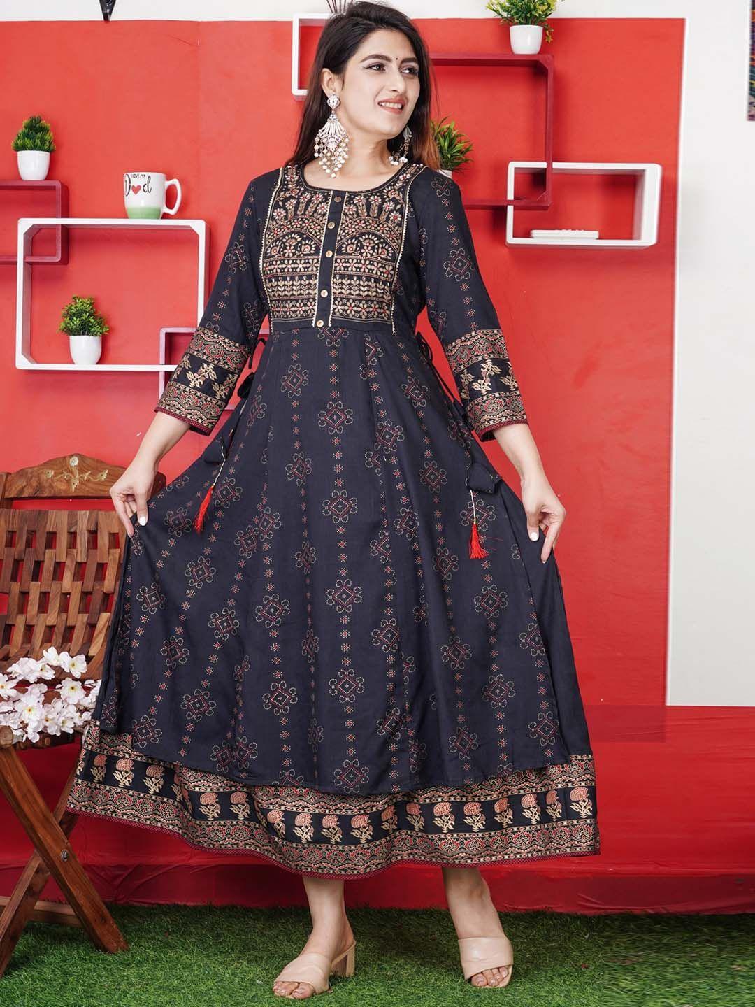 misbis ethnic motifs printed mirror work fit & flare midi ethnic dress