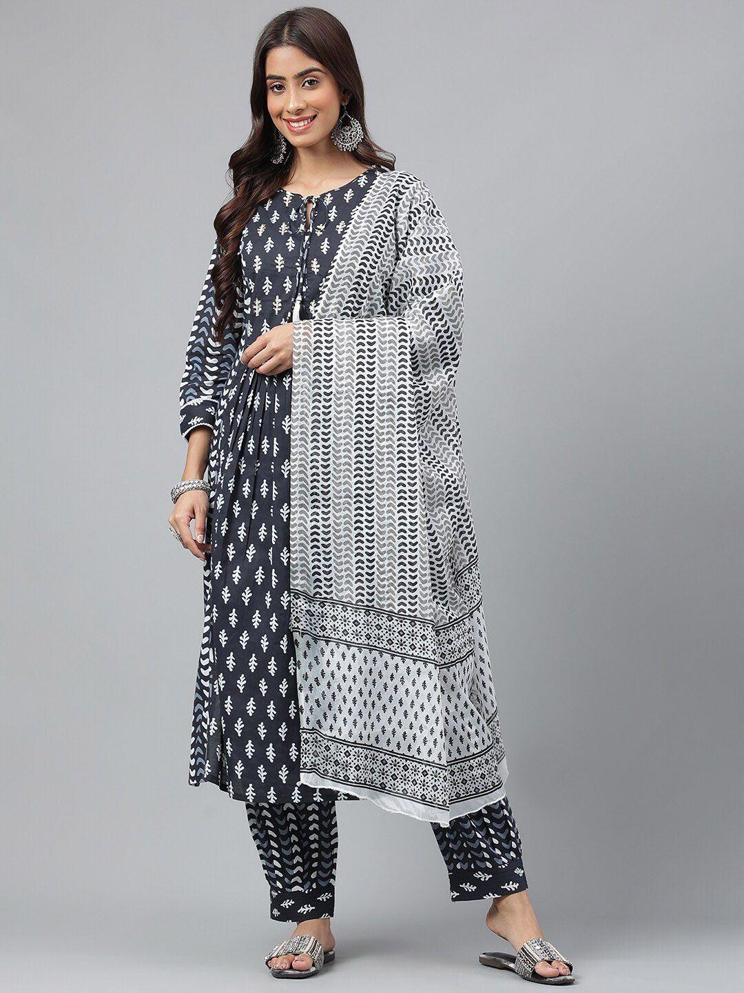 misbis ethnic motifs printed pleated pure cotton a-line kurta & trousers with dupatta