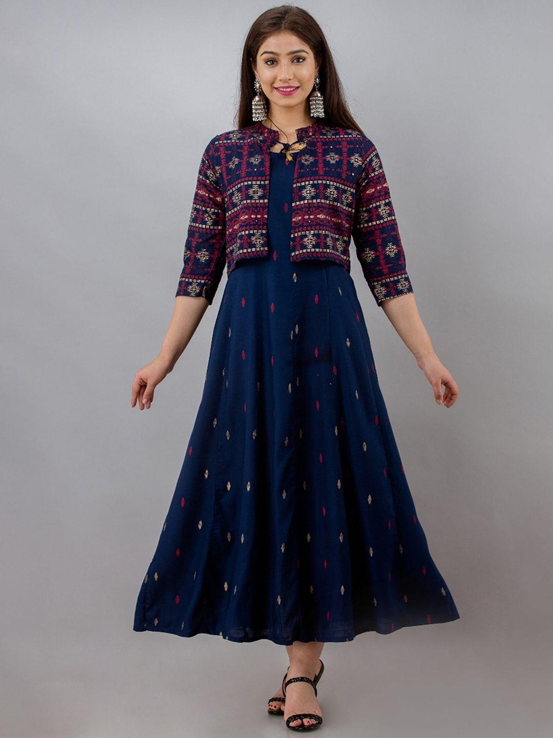 misbis ethnic motifs printed sleeveless ethnic dress with ethnic jacket