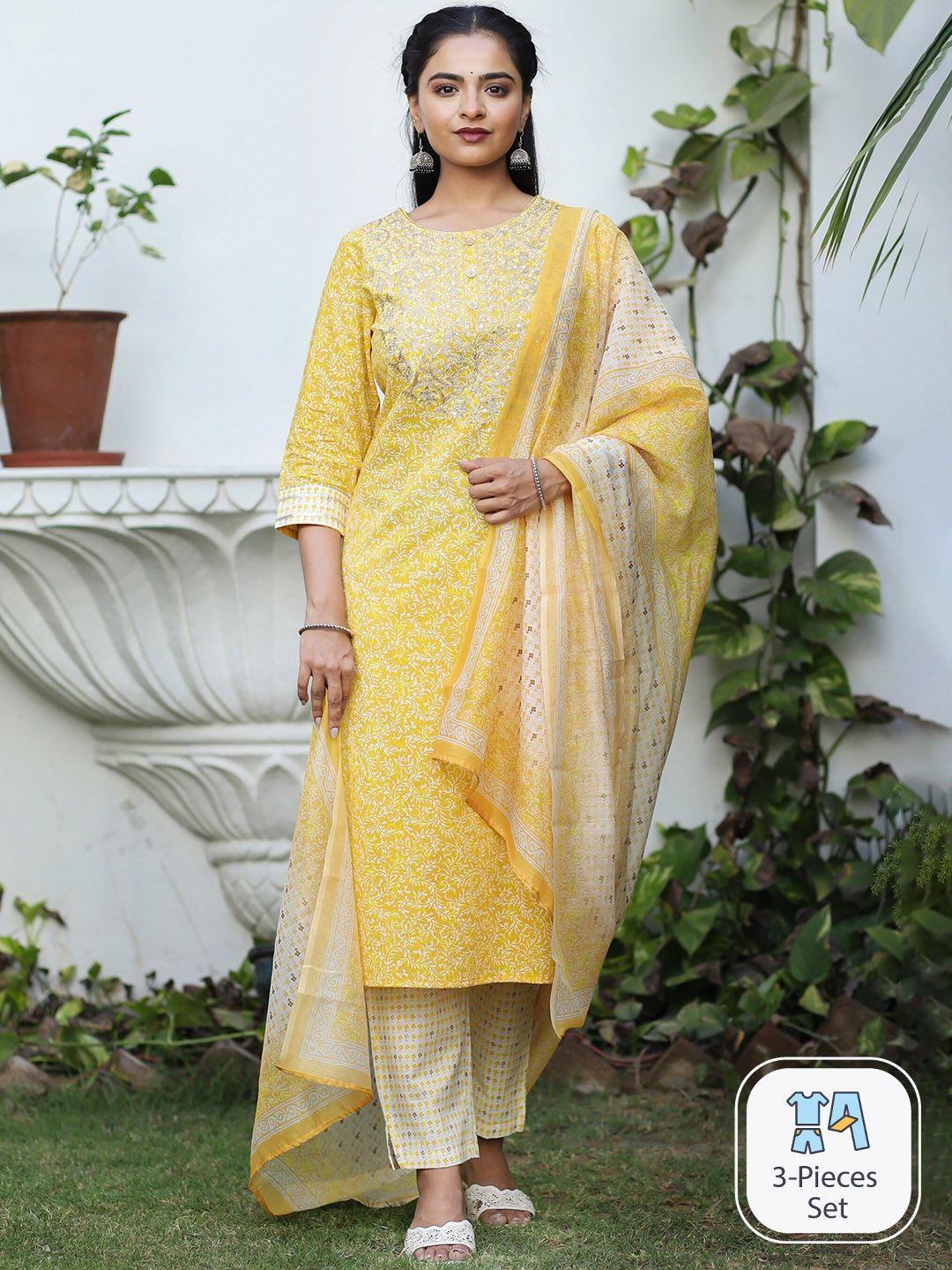 misbis ethnic motifs printed thread work pure cotton kurta with trousers & with dupatta