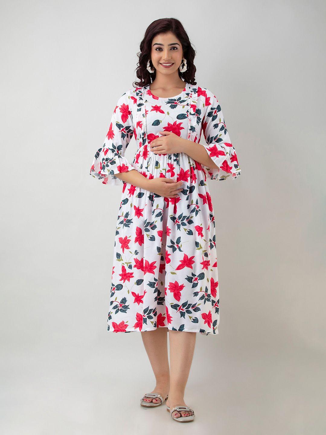 misbis floral printed bell sleeves maternity fit & flare midi dress