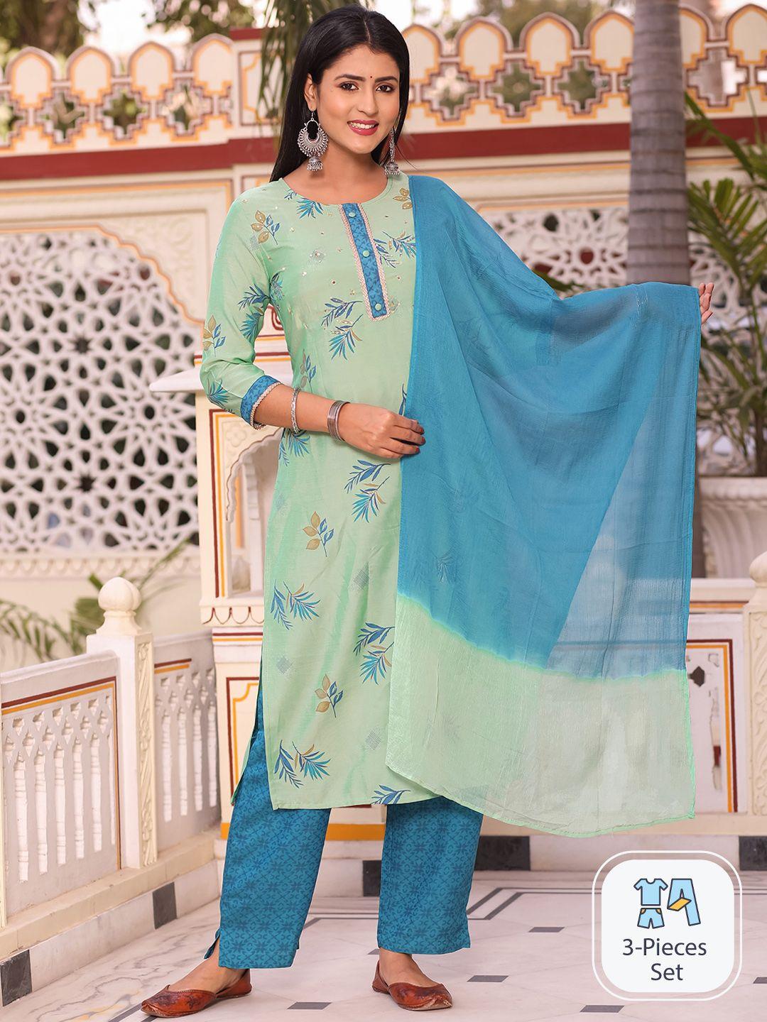 misbis floral printed mirro work pure cotton kurta with trousers & with dupatta