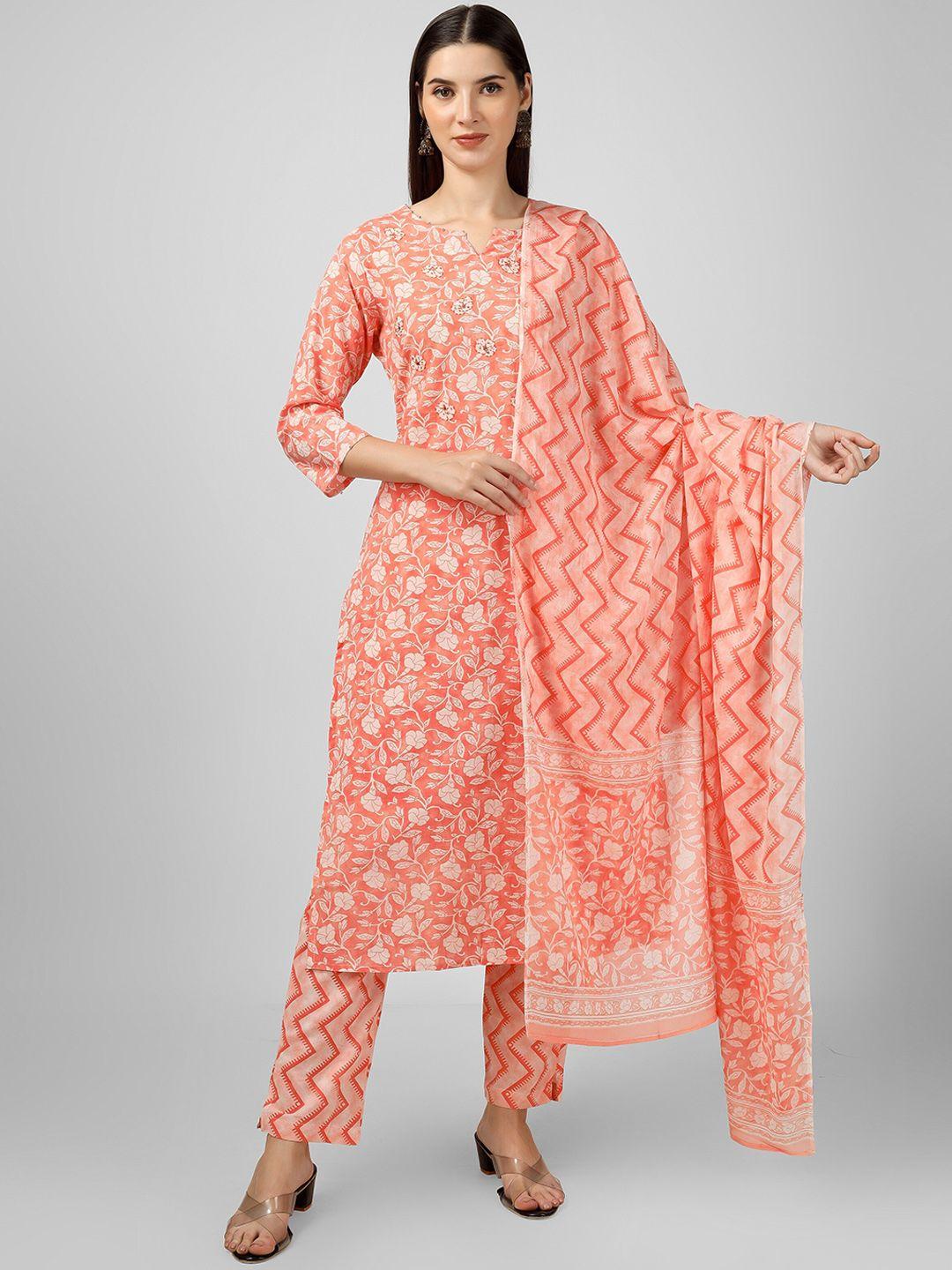 misbis floral printed mirror work pure cotton straight kurta & trouser with dupatta