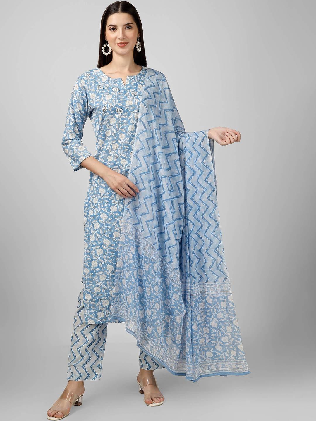 misbis floral printed mirror work pure cotton straight kurta & trouser with dupatta