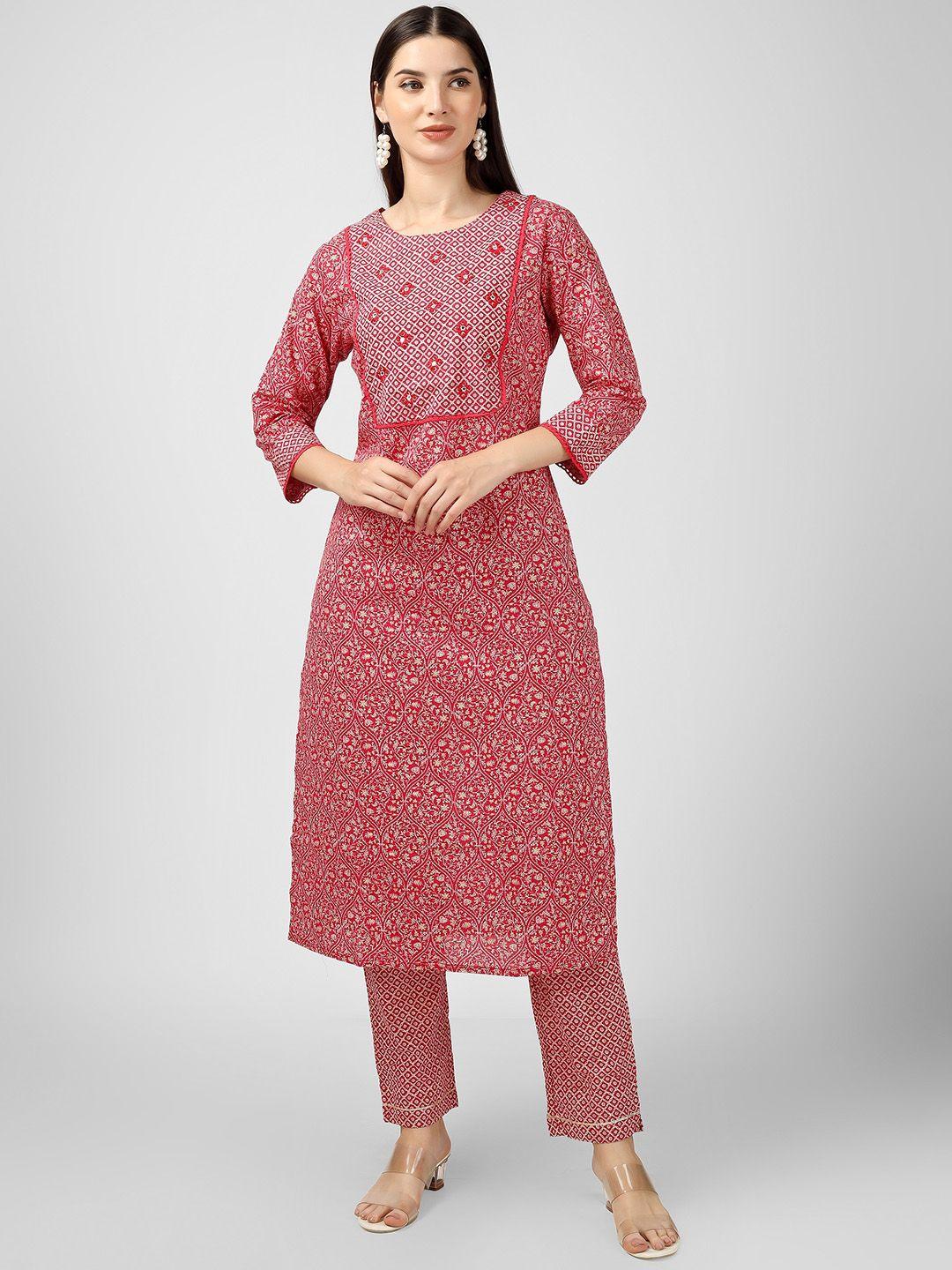 misbis floral printed mirror work pure cotton straight kurta with trouser