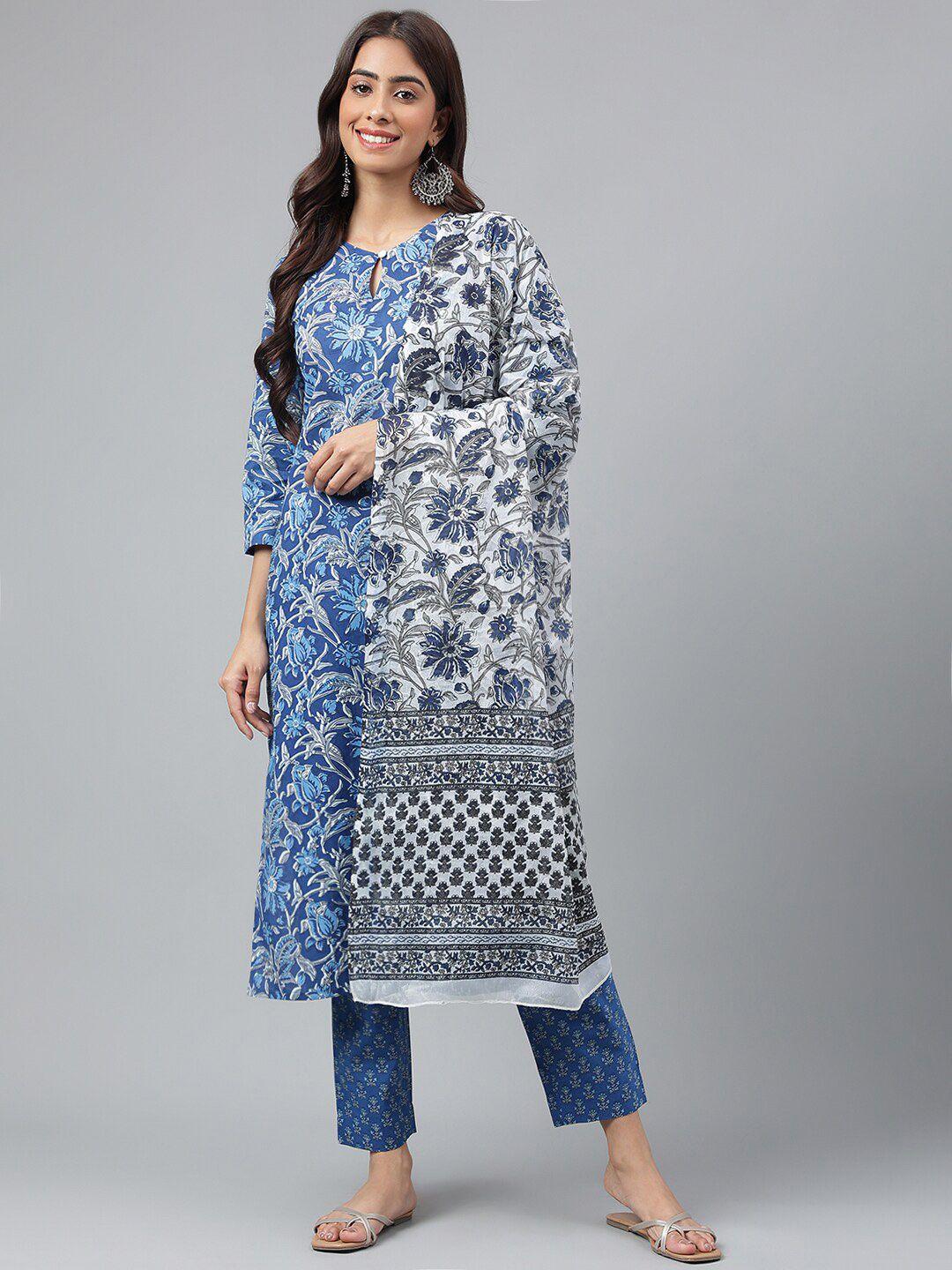 misbis floral printed regular pure cotton kurta with trousers & dupatta