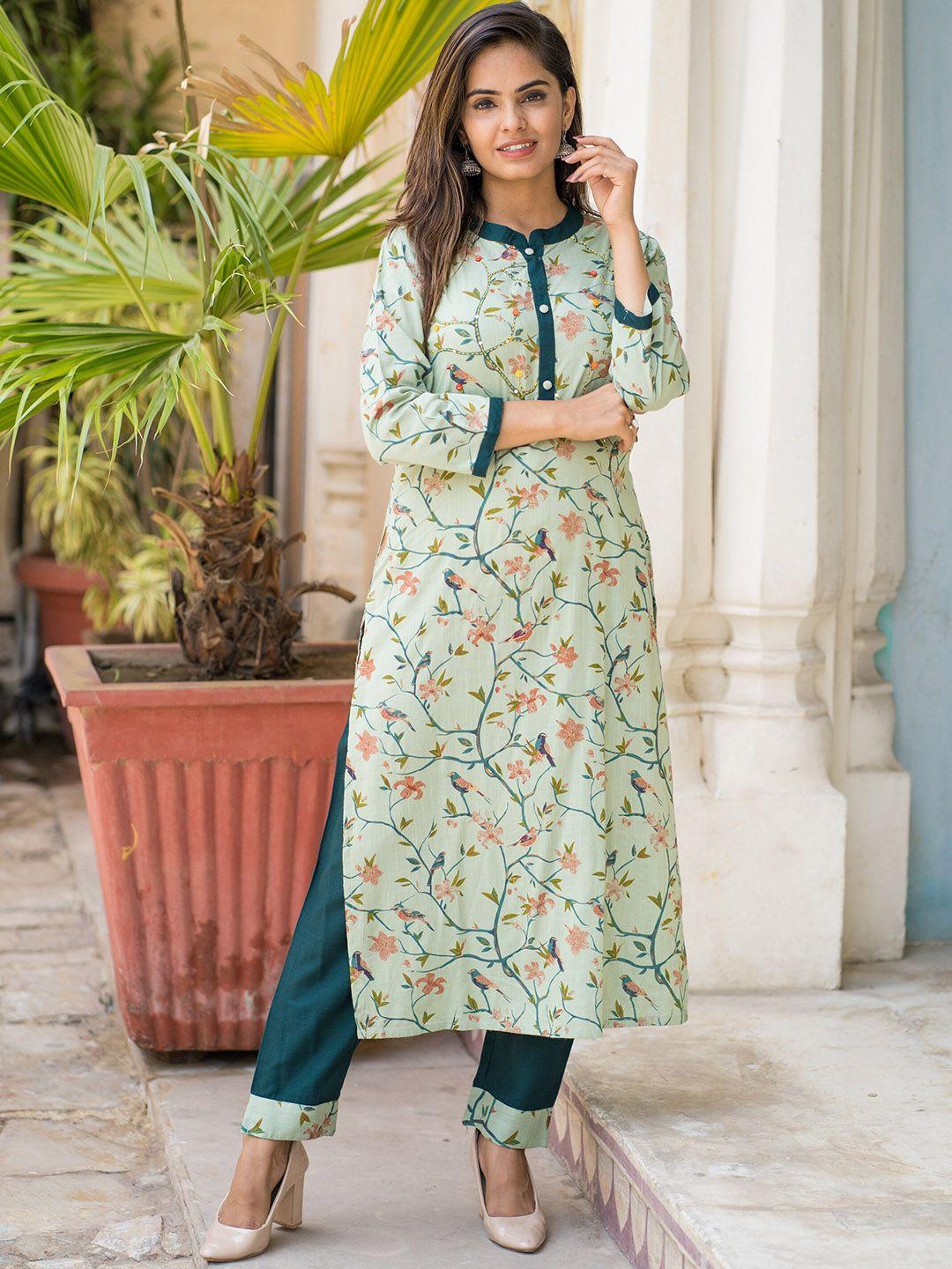 misbis floral printed regular thread work kurta with trousers